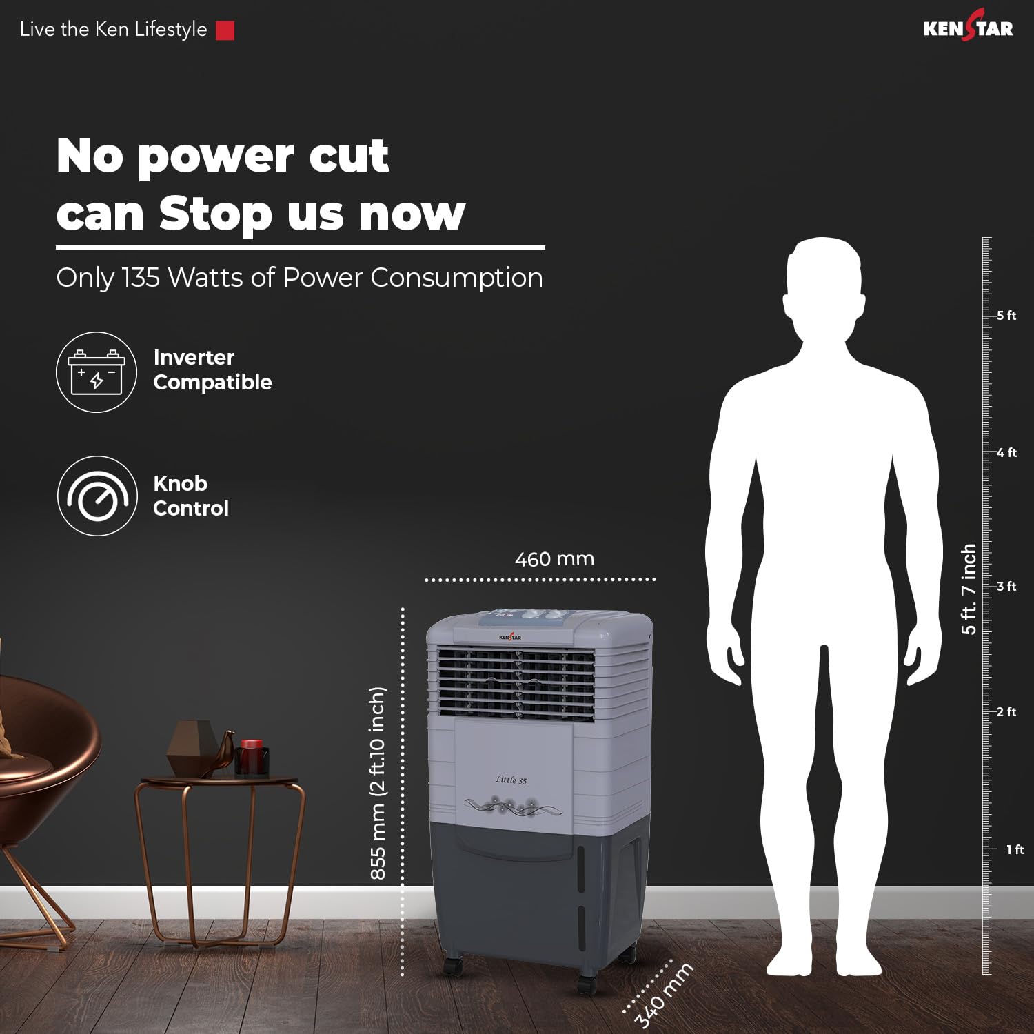 Kenstar Personal Desert Cooler with Honeycomb Cooling Pads, Collapsible Louvres, Powerful Blower and Double Ball Bearing Motor, Grey, Little-40 L - Image 10