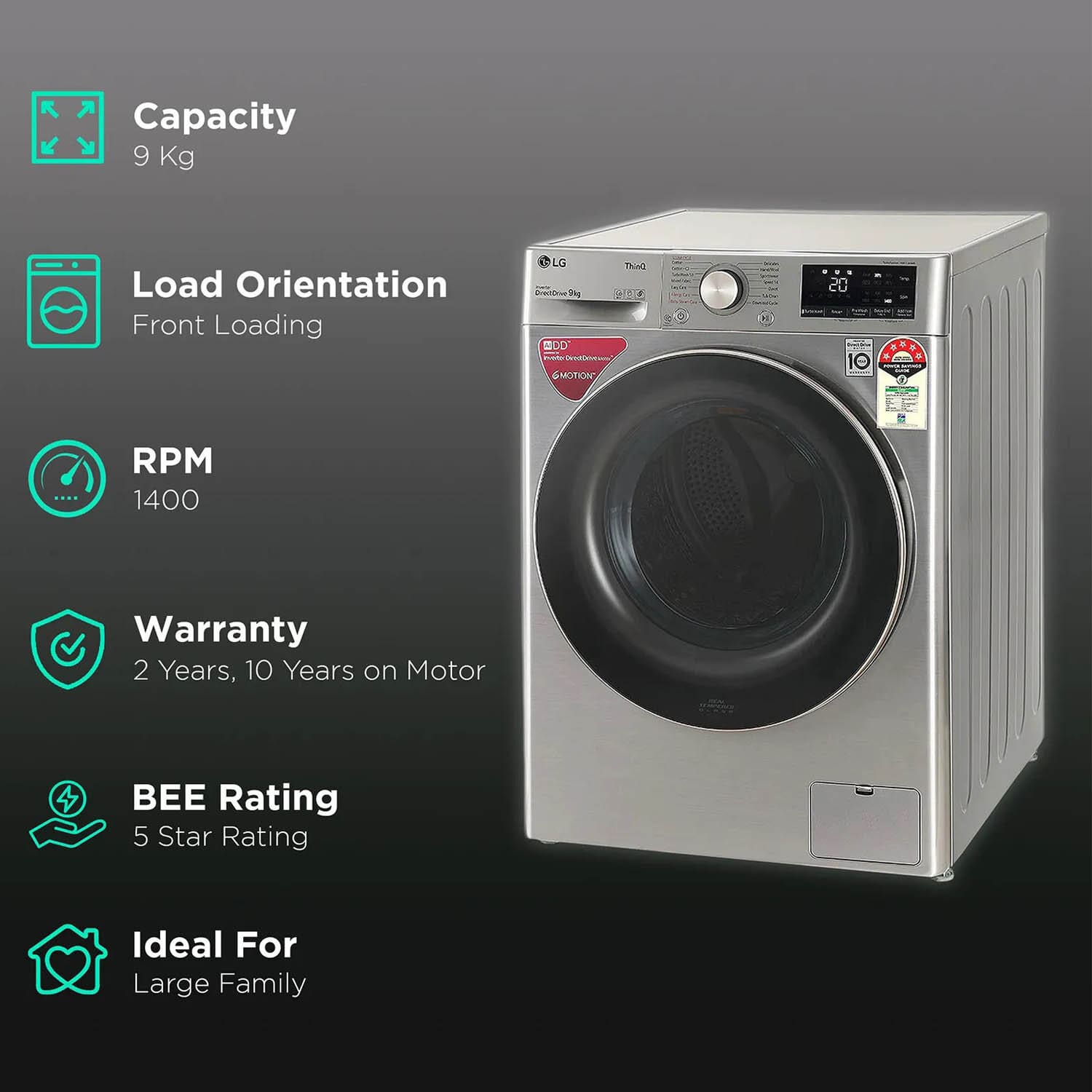 LG 9 KG 1400 RPM Fully Automatic Front Load Machine with AI Direct Drive Motor, Steam, Smart Diagnostics, Platinum Silver, FHV1409ZWP - Image 14