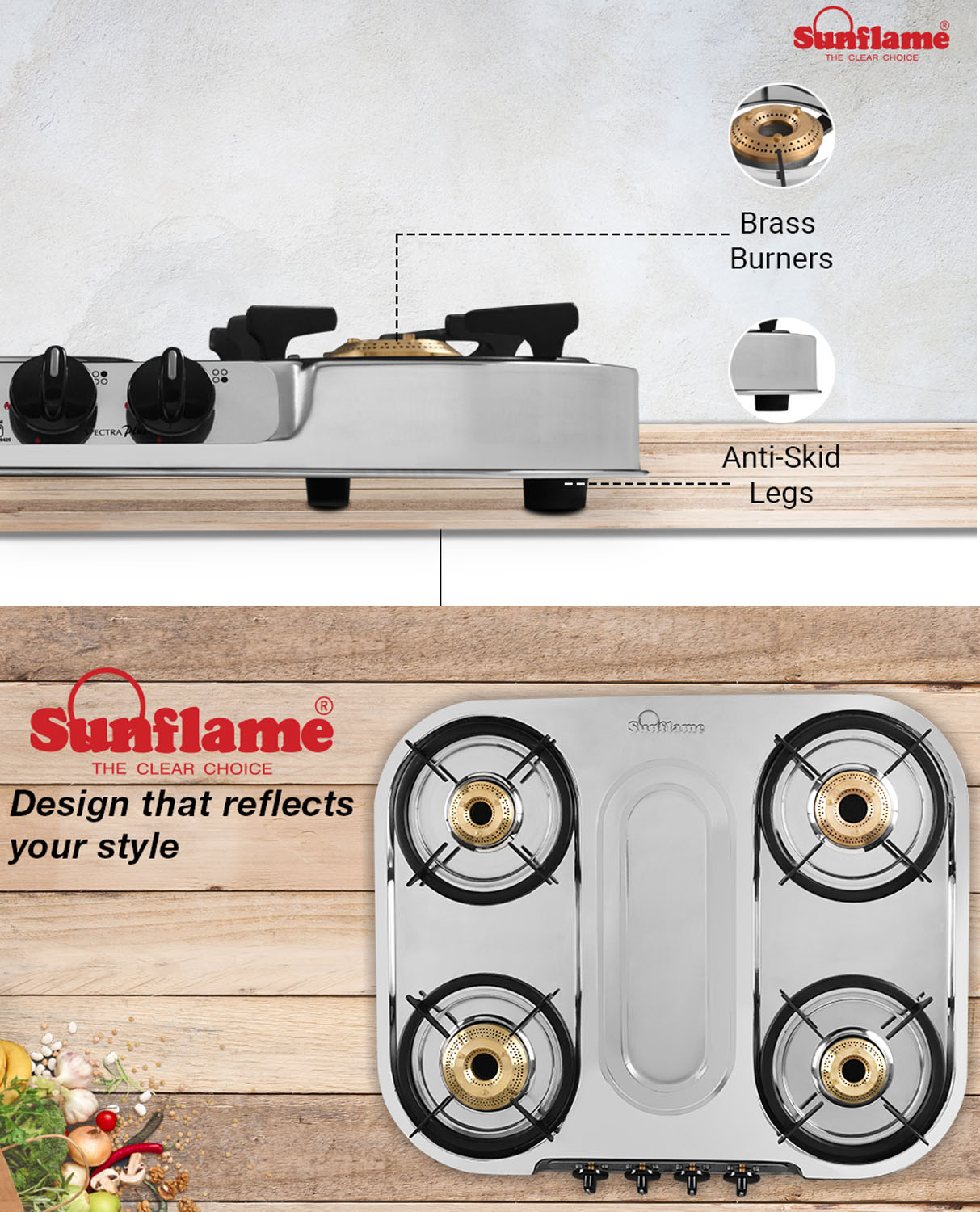 Sunflame Cooktop with Brass Burners, Removable Drip Tray and ISI Certification, LPG Stove Spectra DX, Steel-SPECTRA 4B DX-4 Brass Burner - Image 10