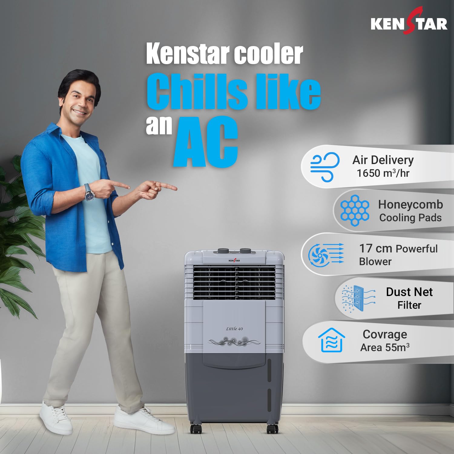 Kenstar Personal Desert Cooler with Honeycomb Cooling Pads, Collapsible Louvres, Powerful Blower and Double Ball Bearing Motor, Grey, Little-40 L - Image 7