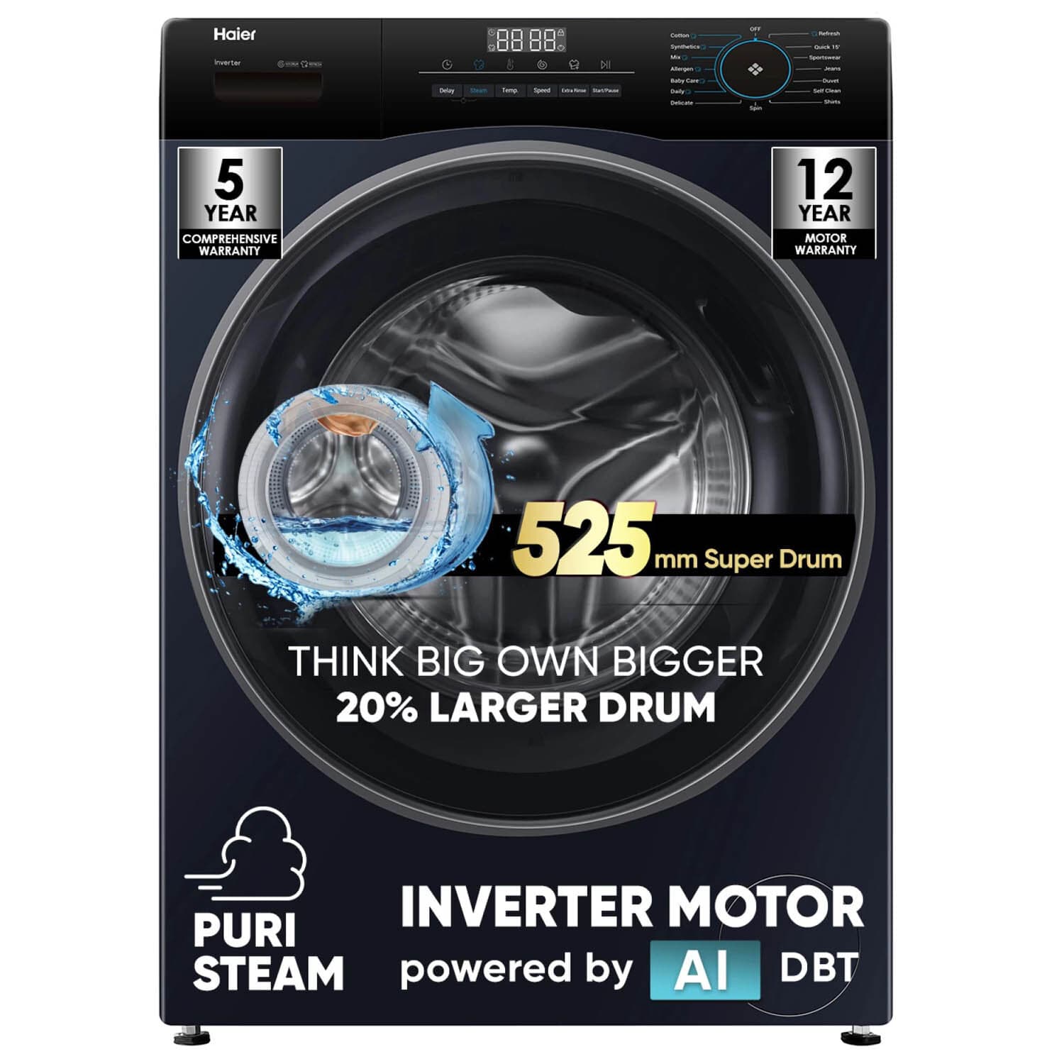 Haier 8 KG 1200 RPM Fully Automatic Frontload Machine with Inverter Motor, 525MM Super Drum and 12 Year Motor Warranty, Black, HW80-IM12929EBKF Haier 8 KG 1200 RPM Fully Automatic Frontload Machine with Inverter Motor, 525MM Super Drum and 12 Year Motor Warranty, Black, HW80-IM12929EBKF - Image 2