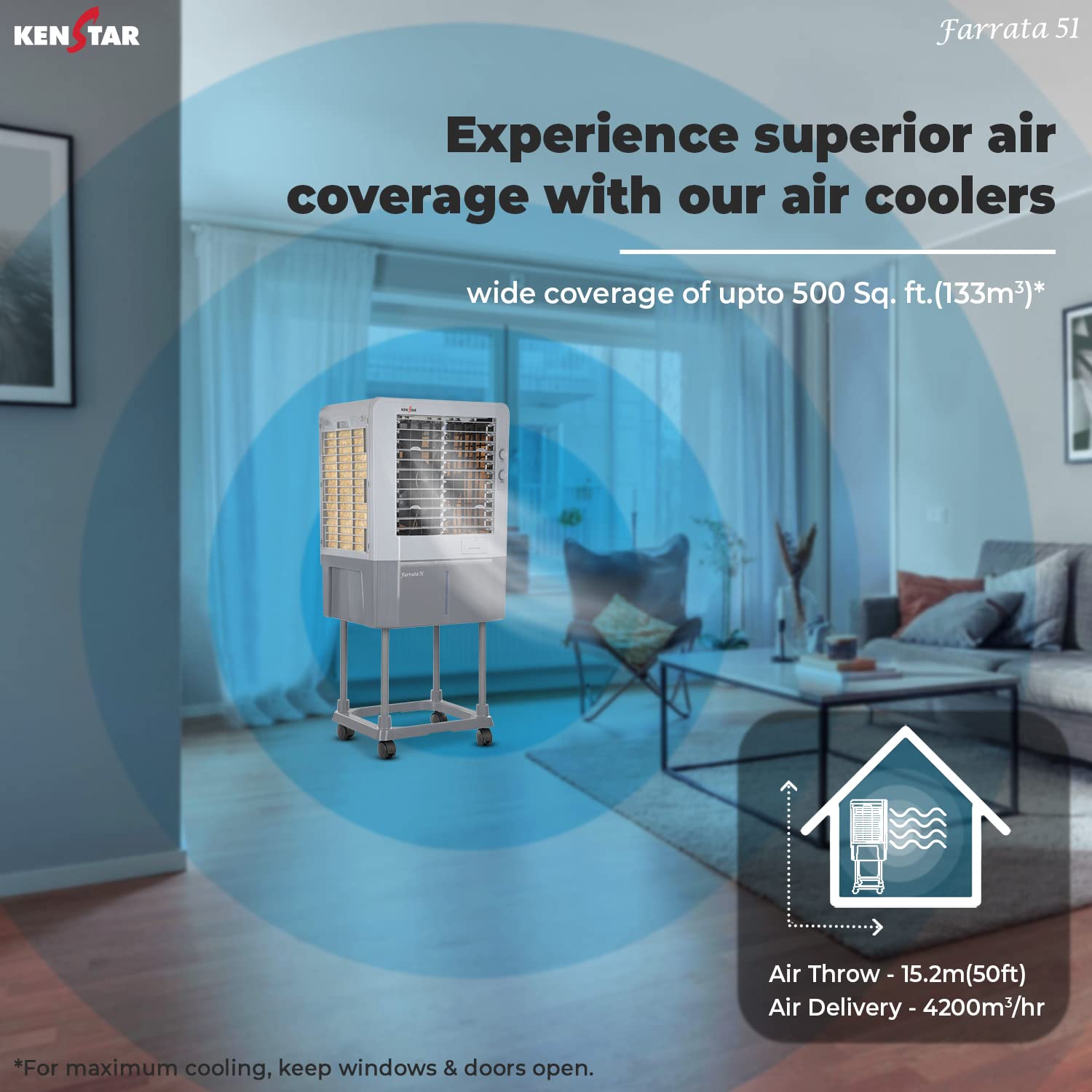 Kenstar Personal Air Cooler with Quadraflow Technology, Double Ball Bearing Motor, 3 Wood Wool Cooling Pads, Grey, Faratta-51 L - Image 10