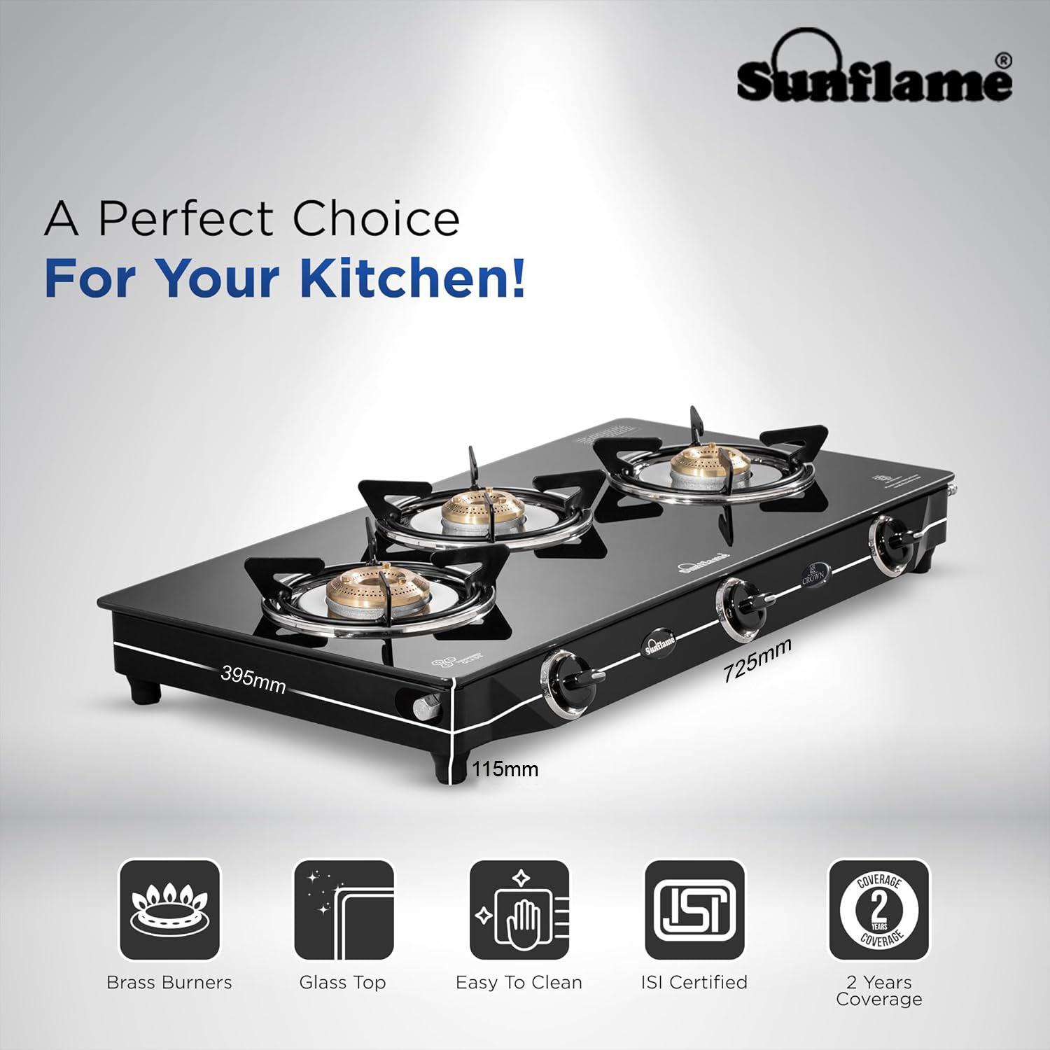 Sunflame Cooktop with 6MM Toughened Glass, Brass Burners and Black Powder Coated Galvanized Steel, LPG Stove GT Crown, Black-3 Brass Burner - Image 7
