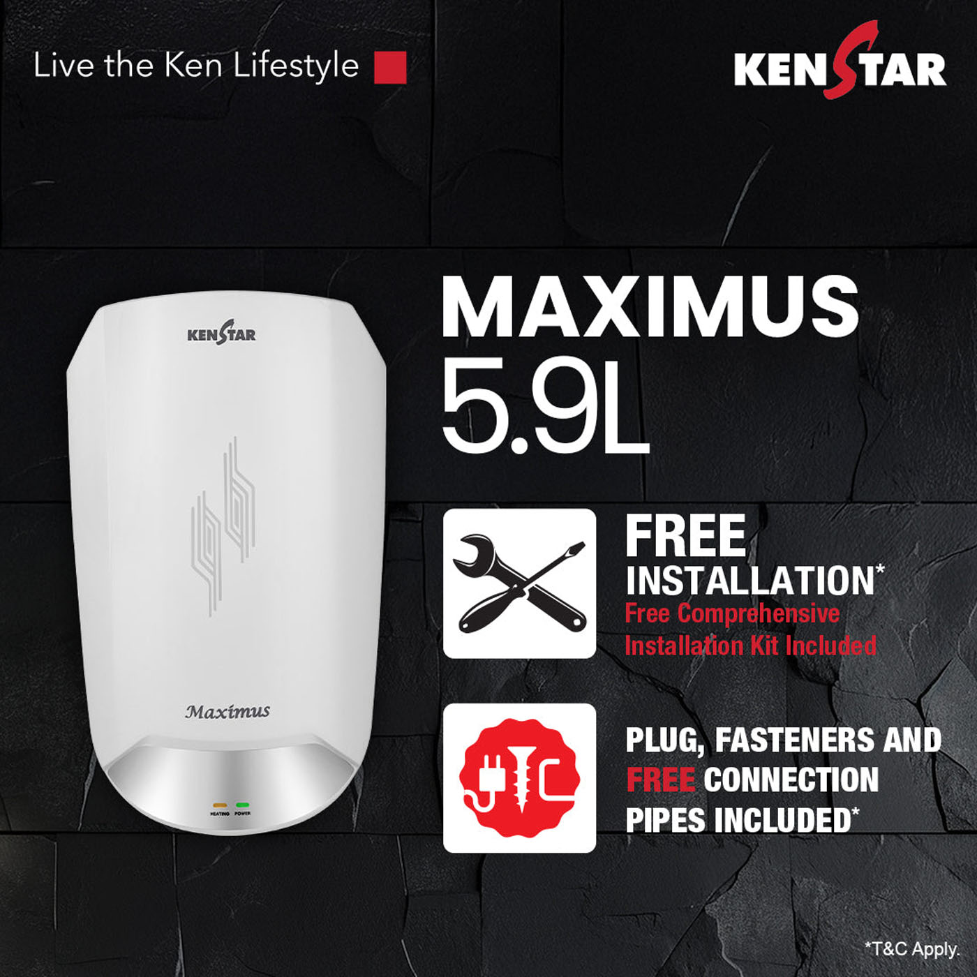 Kenstar Maximus, 5.9L Instant Vertical Water Heater, Durable Plastic Body(White) Rust & Shock Proof, Auto Cut-Off, Auto Thermostat, Red To Green LED - Image 2