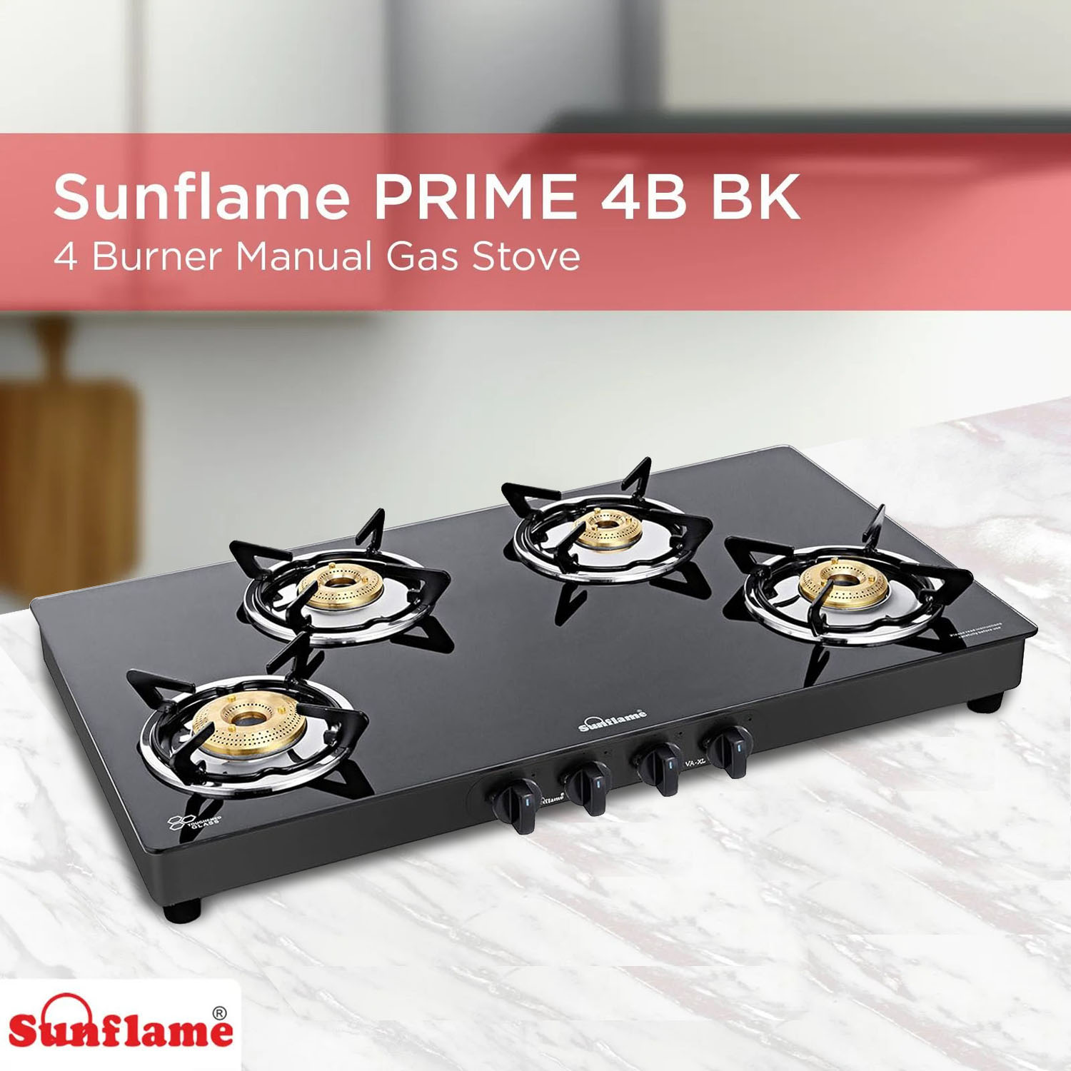 Sunflame Cooktop with 8MM Toughened Glass, Brass Burners and Black Powder Coated Galvanized Steel, LPG Stove Prime XL, Silver-PRIME 4B XL BK-4 Brass Burner - Image 4