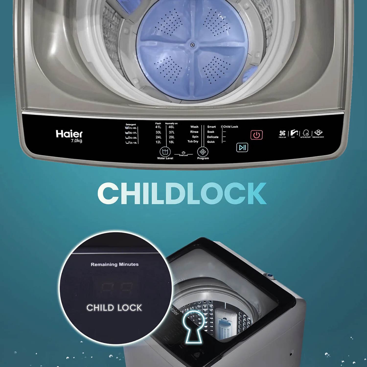 Haier 7 KG Fully Automatic Top Load Machine with Oceanus Wave Drum, 15 Minutes Quick Wash and 5 Star Rating, Brown Grey, HWM70-306ES5N1 - Image 8