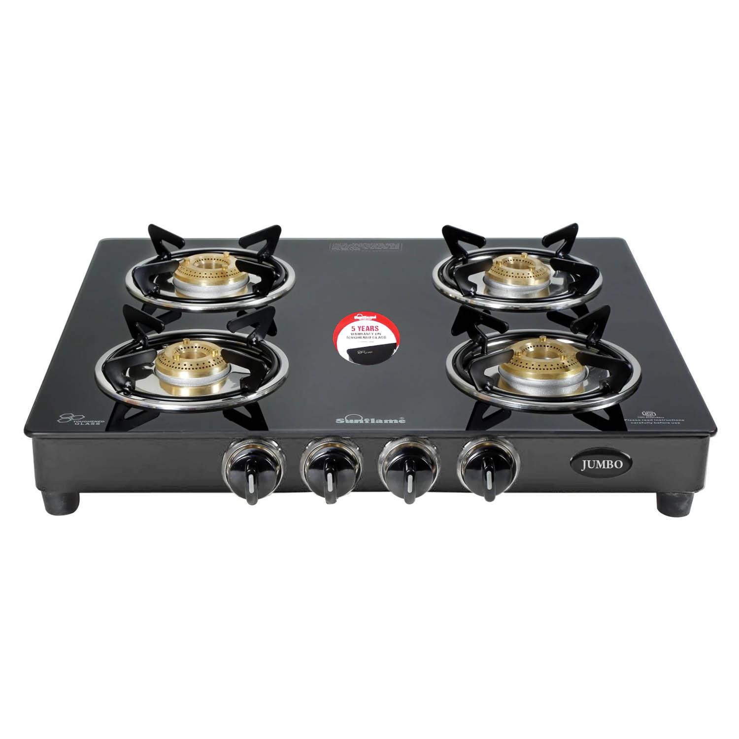 Sunflame Toughened glass Gas Stove with Stainless steel drip tray, Durable Forged Brass Burners and Sturdy Pan Support, Black, Jumbo-GT JUMBO 4B - Image 1