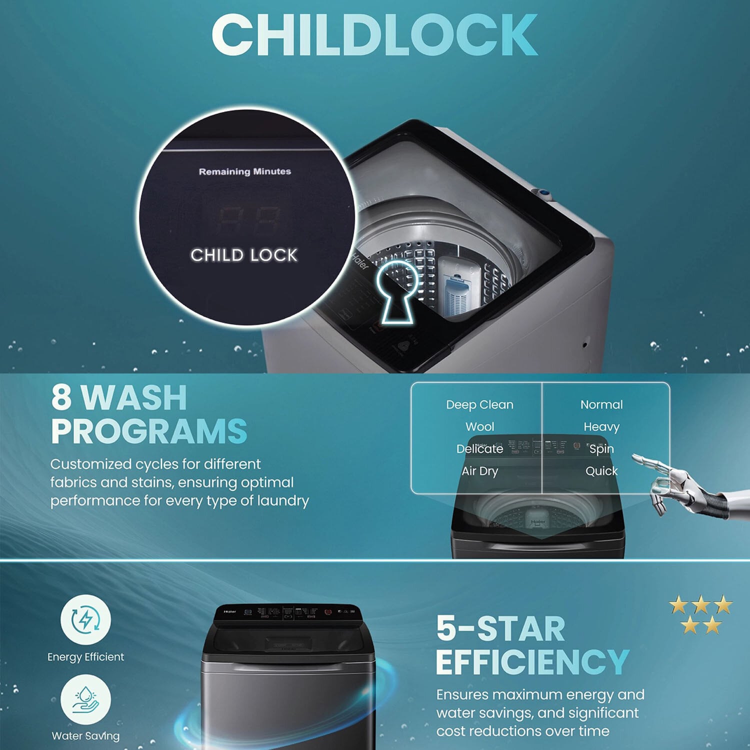 Haier 6.5 KG Fully Automatic Top Load Machine with Oceanus Wave Drum, 15 Minutes Quick Wash and 5 Star Rating, Brown Grey, HWM65-306ES5 Haier 6.5 KG Fully Automatic Top Load Machine with Oceanus Wave Drum, 15 Minutes Quick Wash and 5 Star Rating, Brown Grey, HWM65-306ES5 - Image 9