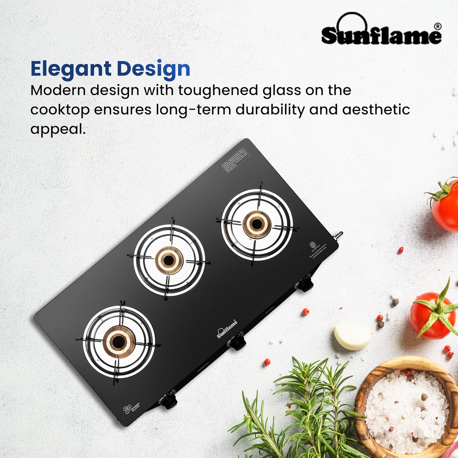 Sunflame Cooktop with 6MM Toughened Glass, Brass Burners and Black Powder Coated Galvanized Steel, LPG Stove GT Crown, Black-3 Brass Burner - Image 11