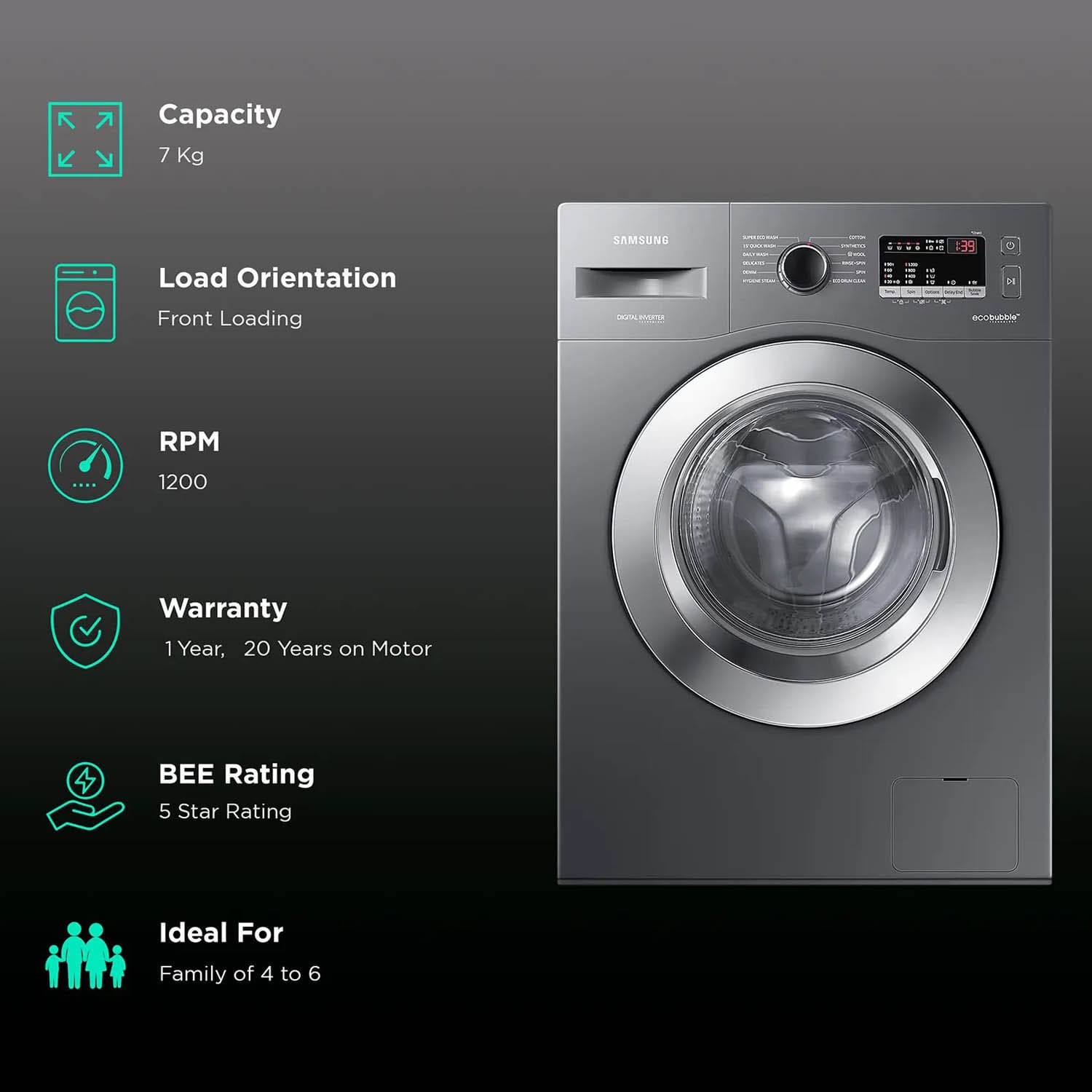 Samsung 7 KG Fully Automatic Front Load Machine with Inverter Motor, Built in Heater, 5 Star Rating and Diamond Drum, Redifined Inox, WW70R22EKOX - Image 11