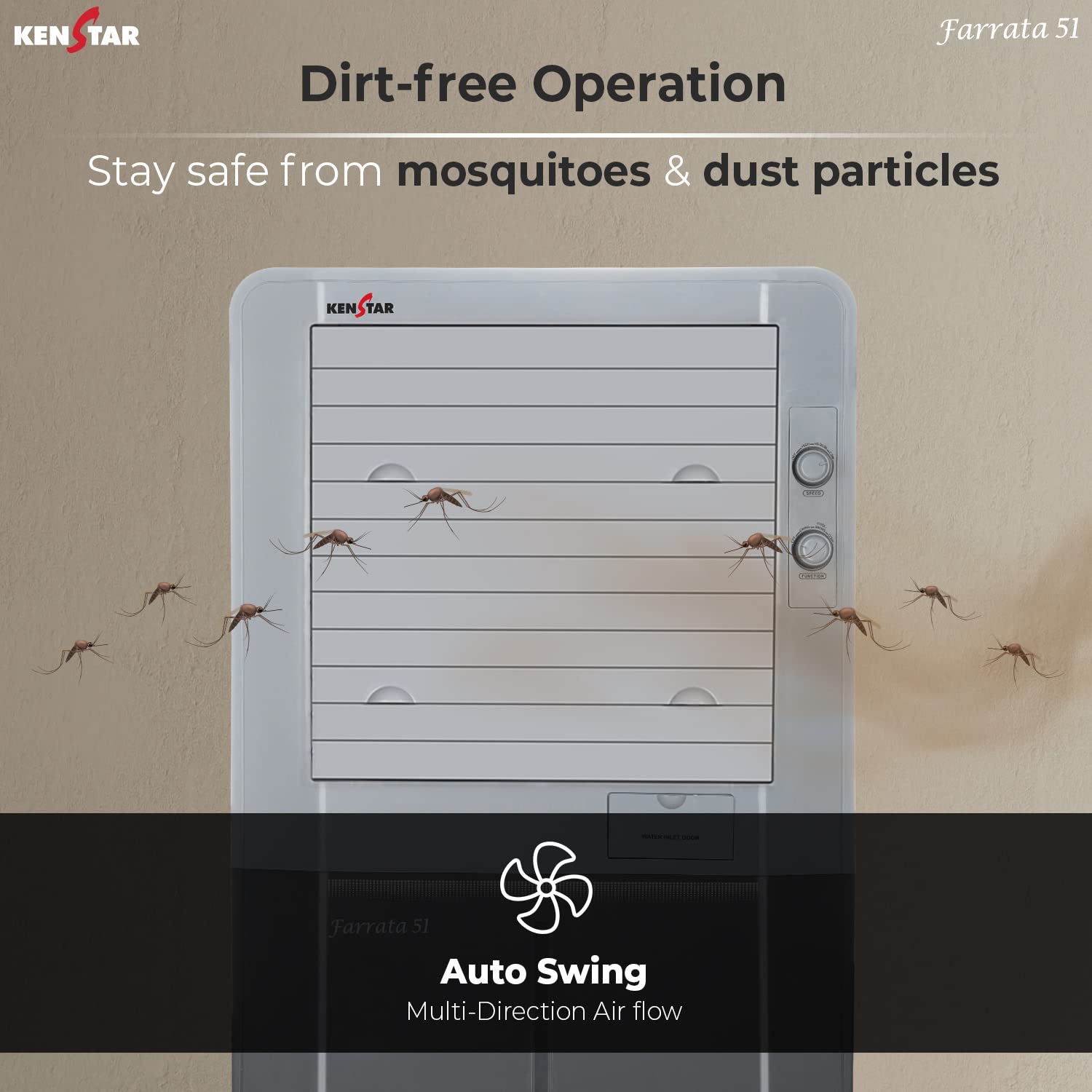 Kenstar Personal Air Cooler with Quadraflow Technology, Double Ball Bearing Motor, 3 Wood Wool Cooling Pads, Grey, Faratta-60 L - Image 4