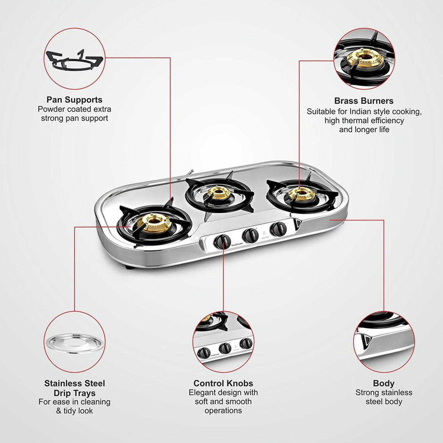 Sunflame Cooktop with Brass Burners, Removable Drip Tray and ISI Certification, LPG Stove Spectra DX, Steel-SPECTRA 3B-3 Brass Burner - Image 7