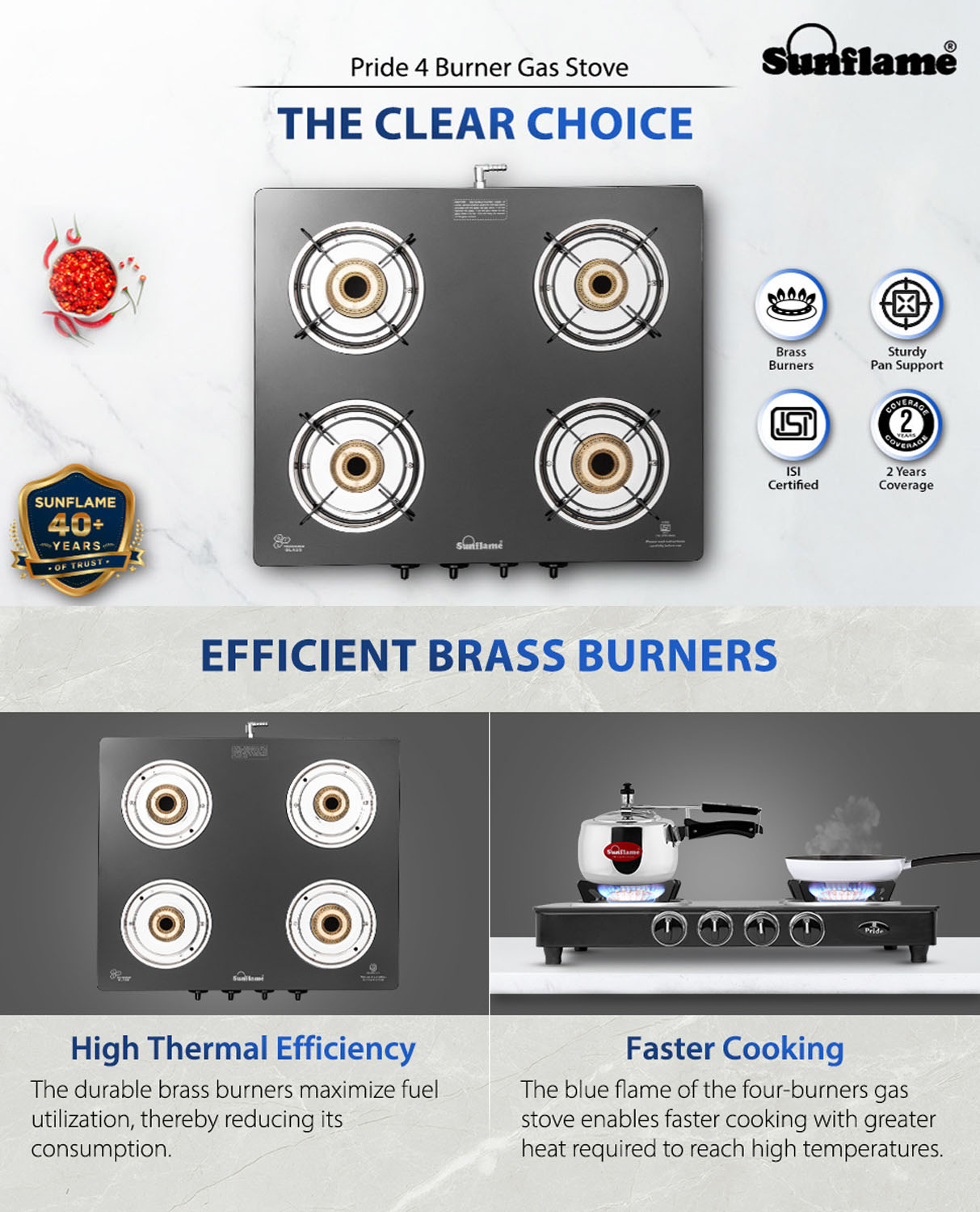 Sunflame 4 Burner Cooktop with 6MM Toughened Glass, Brass Burners & Black Powder Coated Galvanized Steel, Black, GT Crown - Image 7