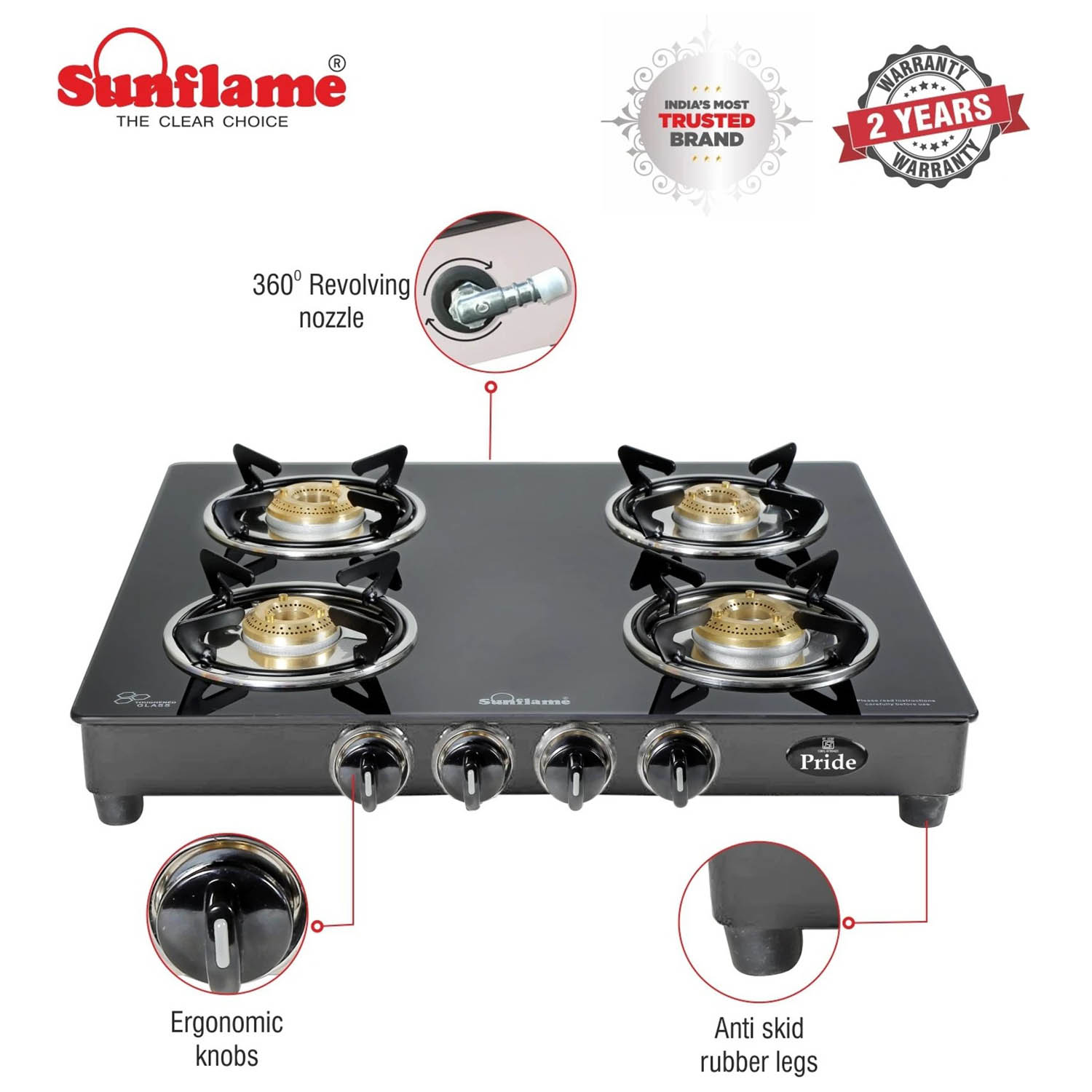 Sunflame Toughened glass Gas Stove with Stainless steel drip tray, Durable Forged Brass Burners and Sturdy Pan Support, Black, Jumbo-GT JUMBO 4B - Image 5