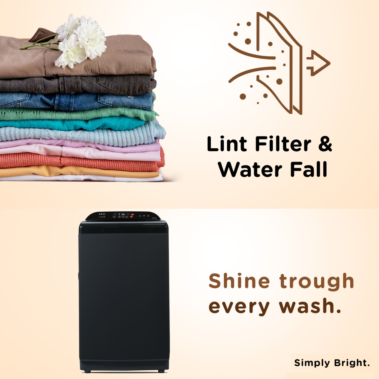 Akai Fully Automatic Top-load Machine with Built-in heater, One Touch Spin Function, Magic Filter with Waterfall and Rust Proof Body, Midnight Black, AFT-90DBG-H - Image 6