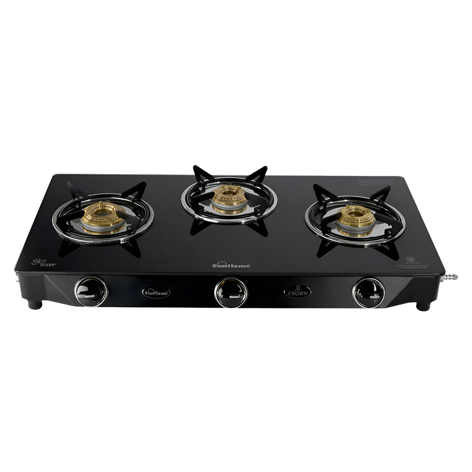 Sunflame Cooktop with 6MM Toughened Glass, Brass Burners and Black Powder Coated Galvanized Steel, LPG Stove GT Crown, Black-3 Brass Burner - Image 1