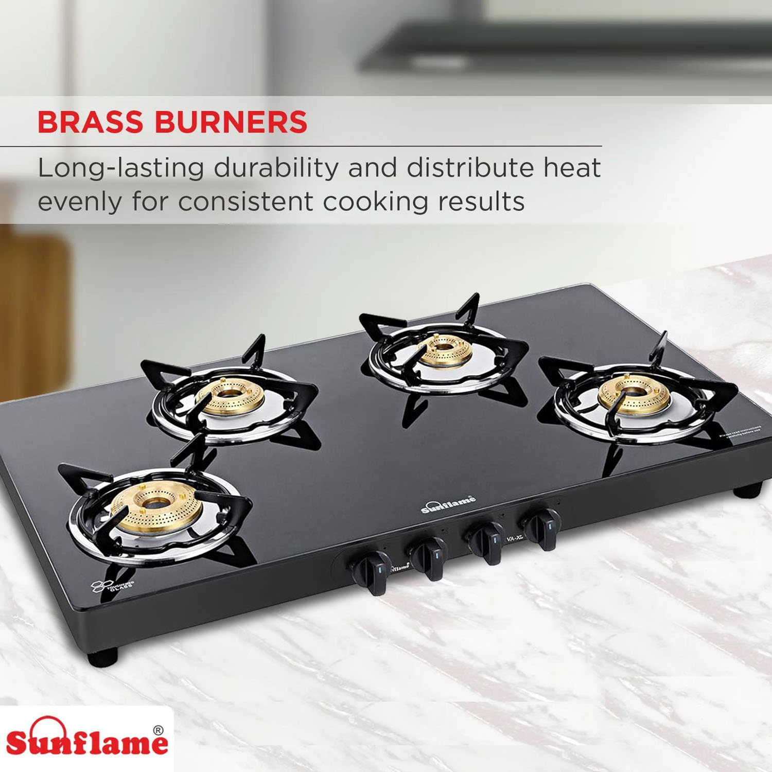 Sunflame Cooktop with 8MM Toughened Glass, Brass Burners and Black Powder Coated Galvanized Steel, LPG Stove Prime XL, Silver-PRIME 4B XL BK-4 Brass Burner - Image 5