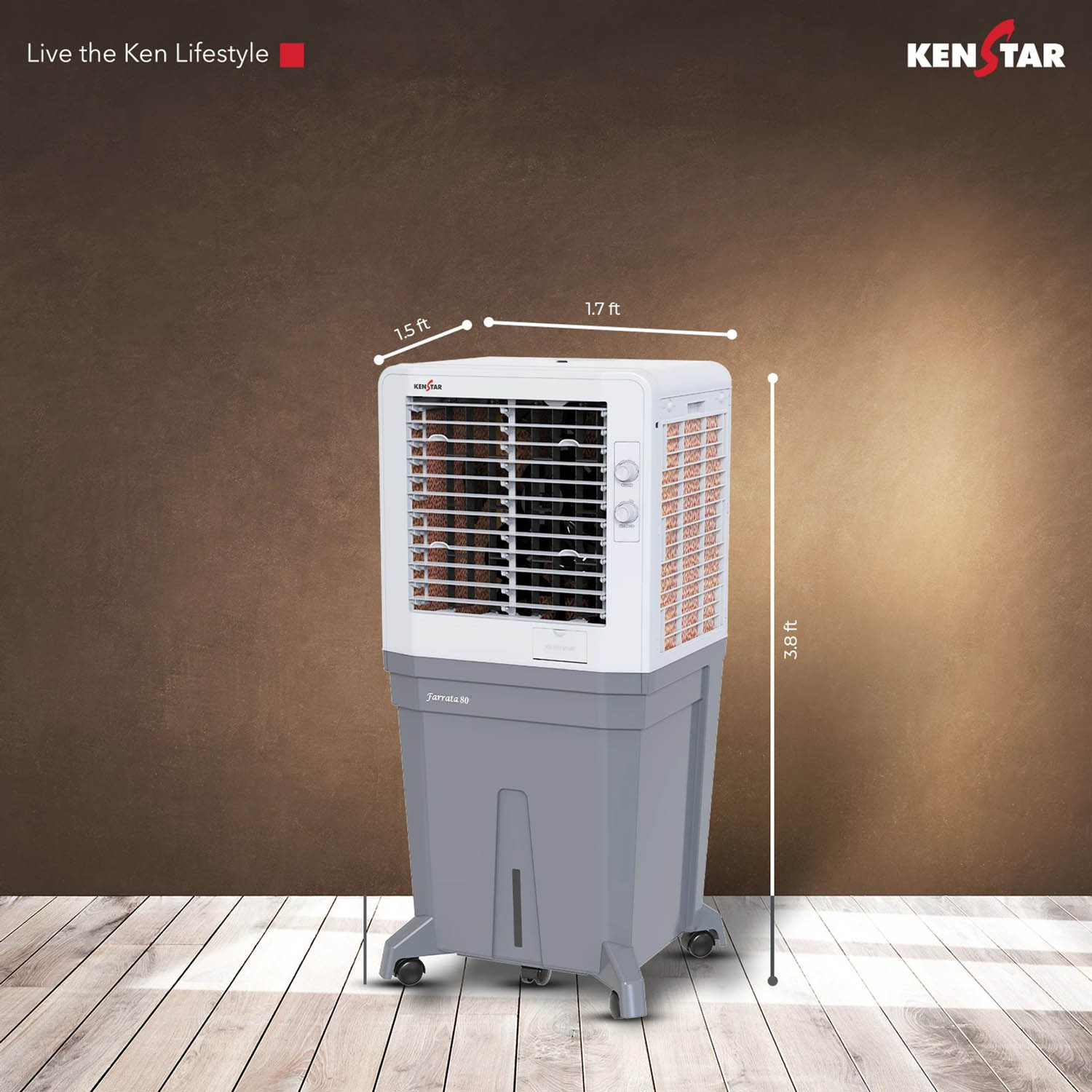 Kenstar Personal Air Cooler with Quadraflow Technology, Double Ball Bearing Motor, 3 Wood Wool Cooling Pads, Grey, Faratta-80 L - Image 10