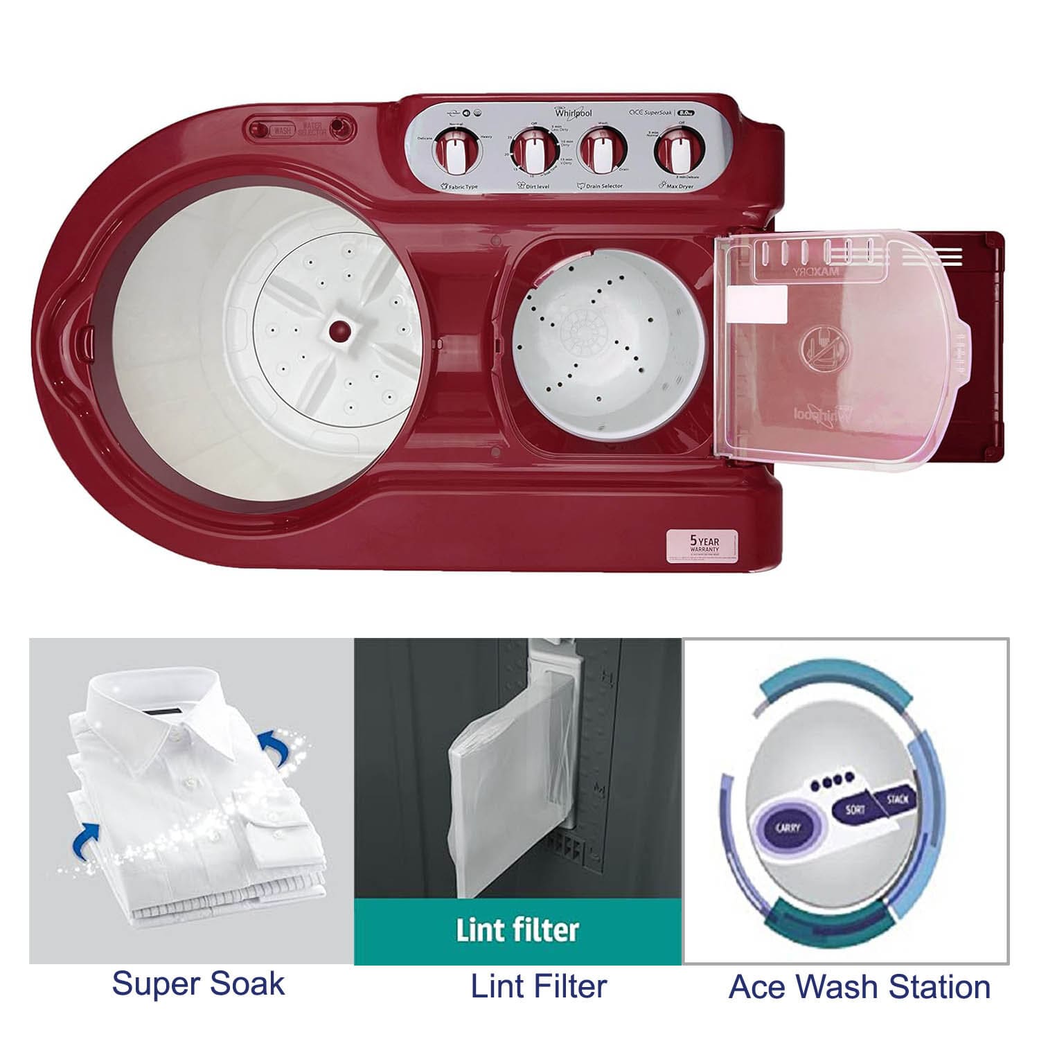 Whirlpool 8 KG Semi Automatic Machine with In built Scrubber, Rust and Corrosion Free Body, Coral Red, ACE SUPER SOAK - Image 5
