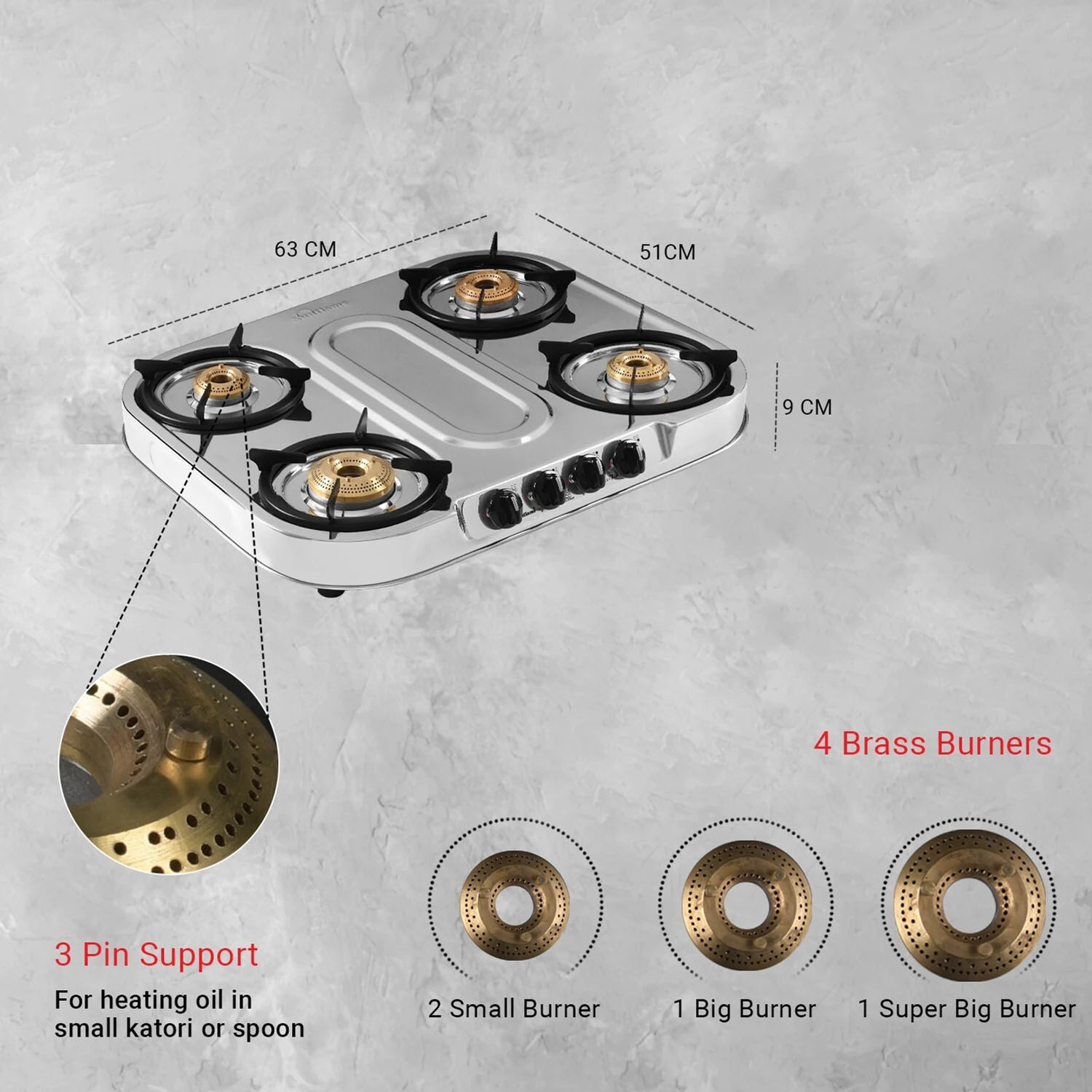 Sunflame Cooktop with Brass Burners, Removable Drip Tray and ISI Certification, LPG Stove Spectra DX, Steel-SPECTRA 4B DX-4 Brass Burner - Image 9