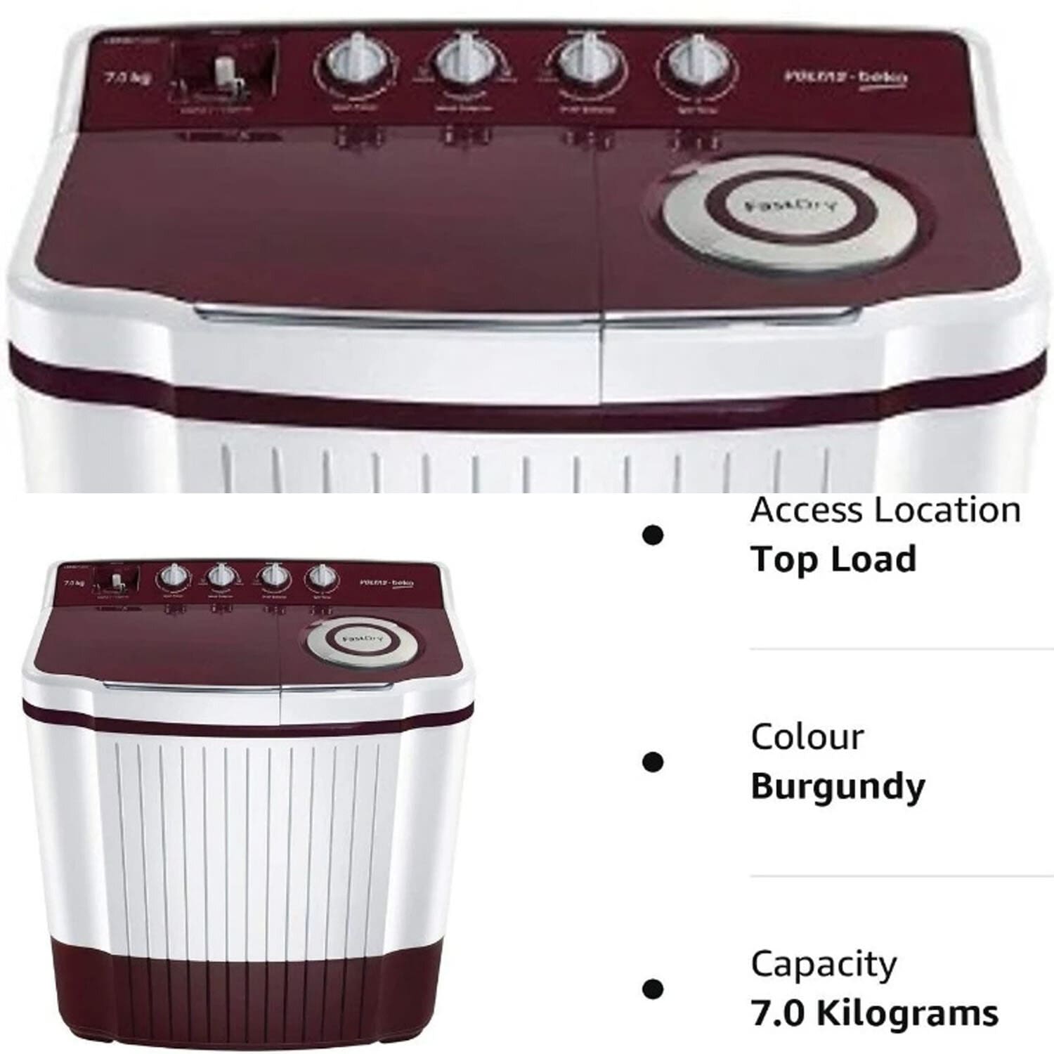 Voltas Beko 7 KG Semi Automatic Machine with 3 Wash Programes and Two Way Waterfall, Burgandy, WTT70DLIM Voltas Beko 7 KG Semi Automatic Machine with 3 Wash Programes and Two Way Waterfall, Burgandy, WTT70DLIM - Image 4