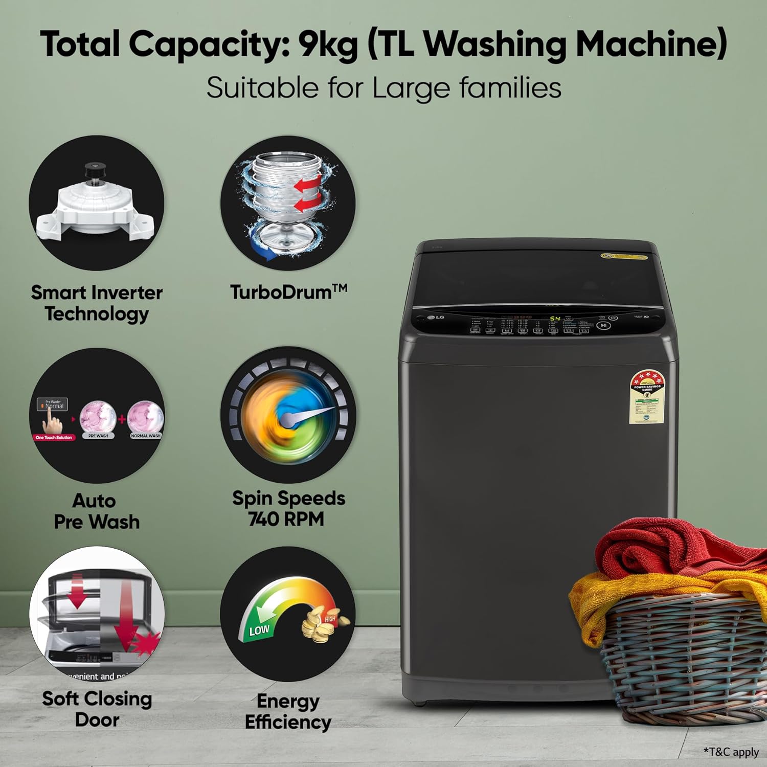 LG 9 KG Fully Automatic Top Load Machine with Smart Inverter Motor, Auto Tub Clean and Smart Diagnostics, Middle Black, T90AJMB1Z LG 9 KG Fully Automatic Top Load Machine with Smart Inverter Motor, Auto Tub Clean and Smart Diagnostics, Middle Black, T90AJMB1Z - Image 17