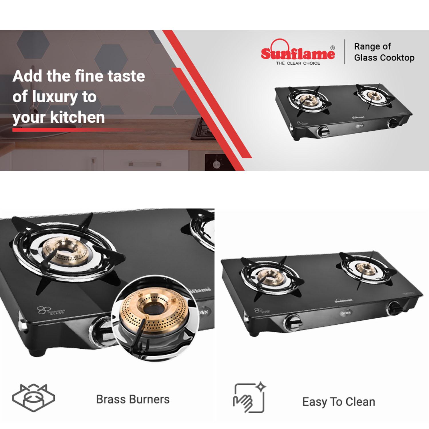 Sunflame Cooktop with 6MM Toughened Glass, Brass Burners and Black Powder Coated Galvanized Steel, LPG Stove GT Crown, Black-2 Brass Burner - Image 8