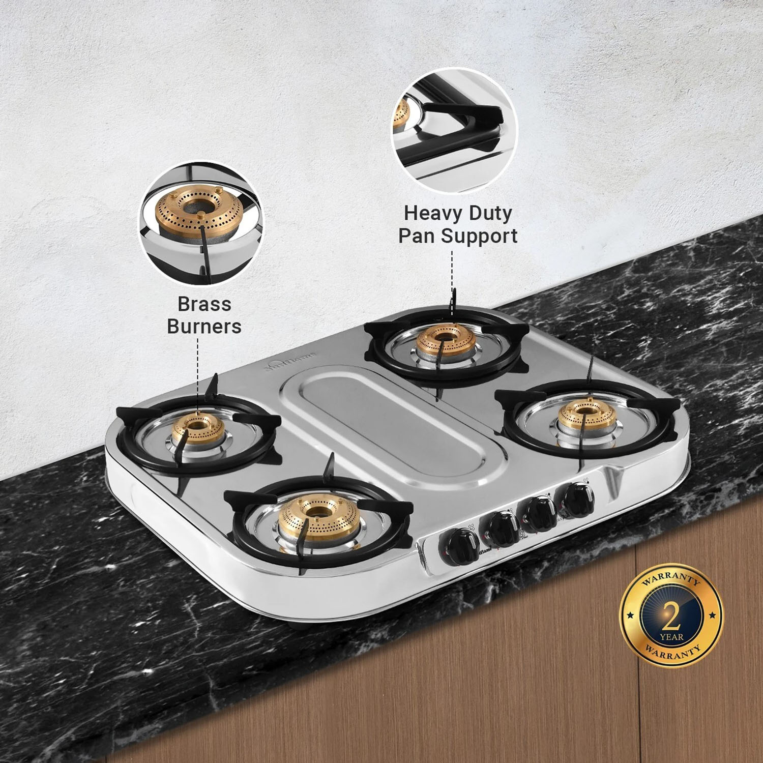 Sunflame Cooktop with Brass Burners, Removable Drip Tray and ISI Certification, LPG Stove Spectra DX, Steel-SPECTRA 4B DX-4 Brass Burner - Image 4