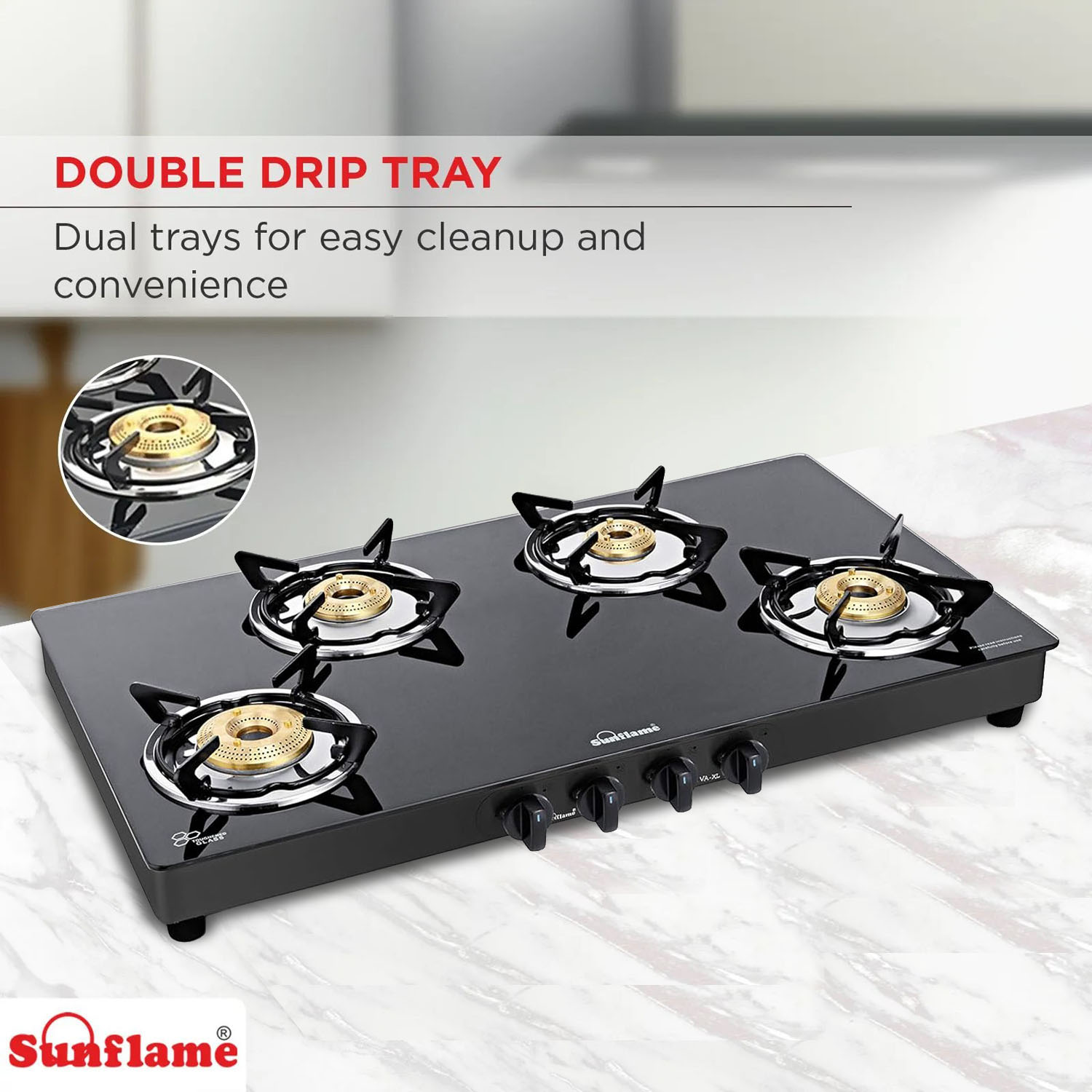 Sunflame Cooktop with 8MM Toughened Glass, Brass Burners and Black Powder Coated Galvanized Steel, LPG Stove Prime XL, Silver-PRIME 4B XL BK-4 Brass Burner - Image 3