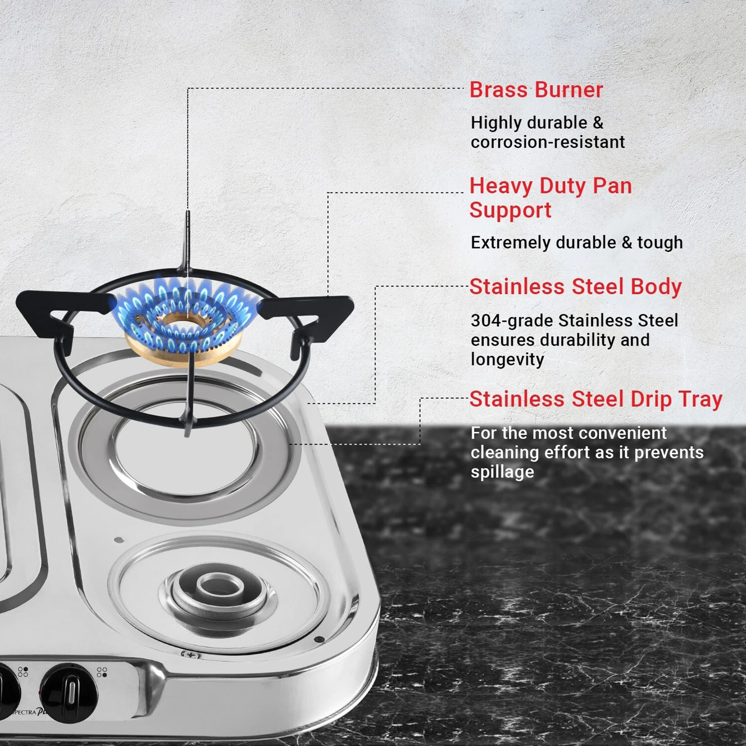 Sunflame Cooktop with Brass Burners, Removable Drip Tray and ISI Certification, LPG Stove Spectra DX, Steel-SPECTRA 3B-3 Brass Burner - Image 6