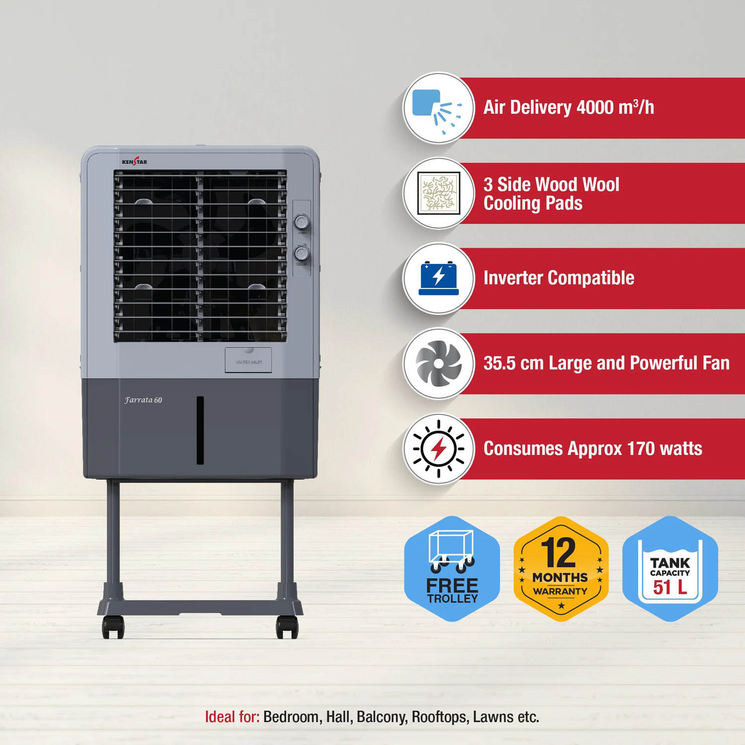 Kenstar Personal Air Cooler with Quadraflow Technology, Double Ball Bearing Motor, 3 Wood Wool Cooling Pads, Grey, Faratta-60 L - Image 8