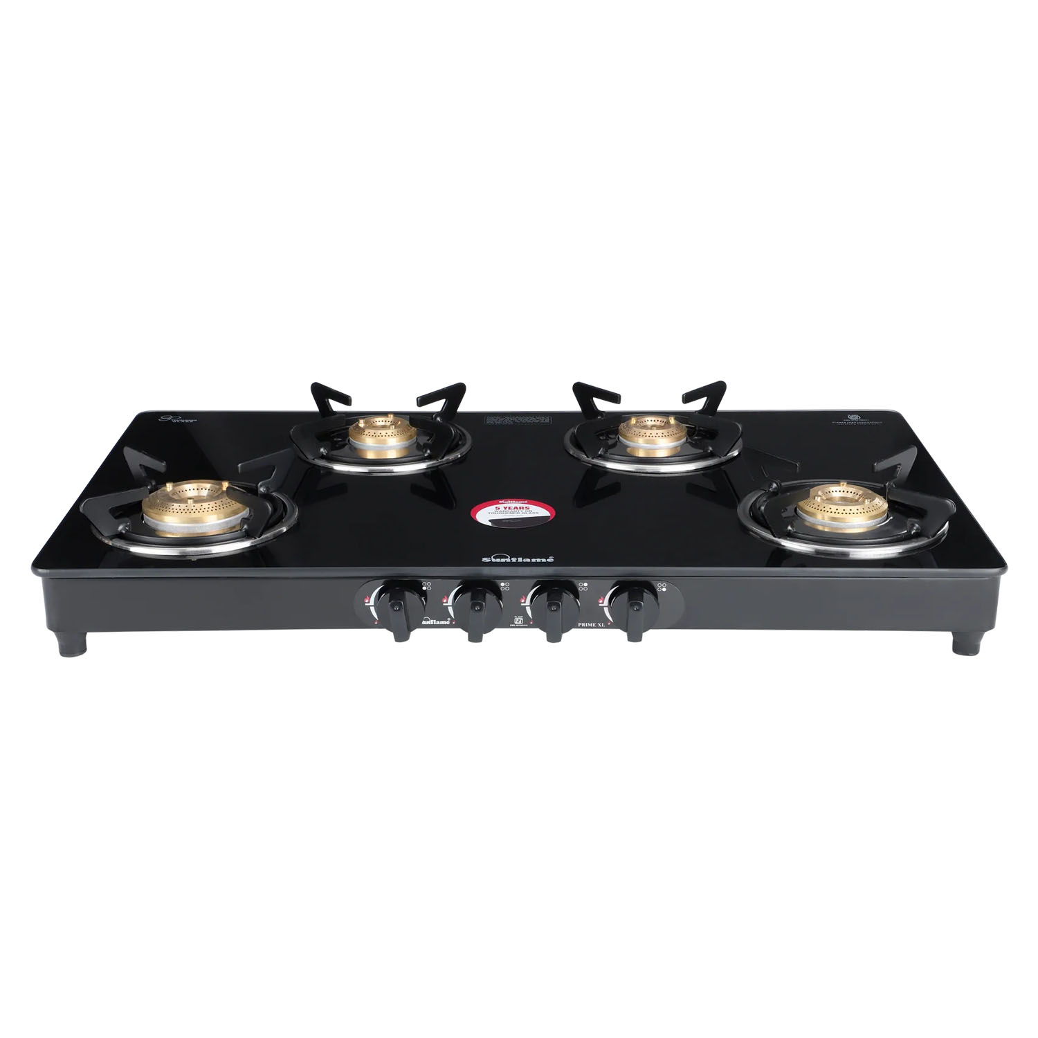 Sunflame Cooktop with 8MM Toughened Glass, Brass Burners and Black Powder Coated Galvanized Steel, LPG Stove Prime XL, Silver-PRIME 4B XL BK-4 Brass Burner - Image 1