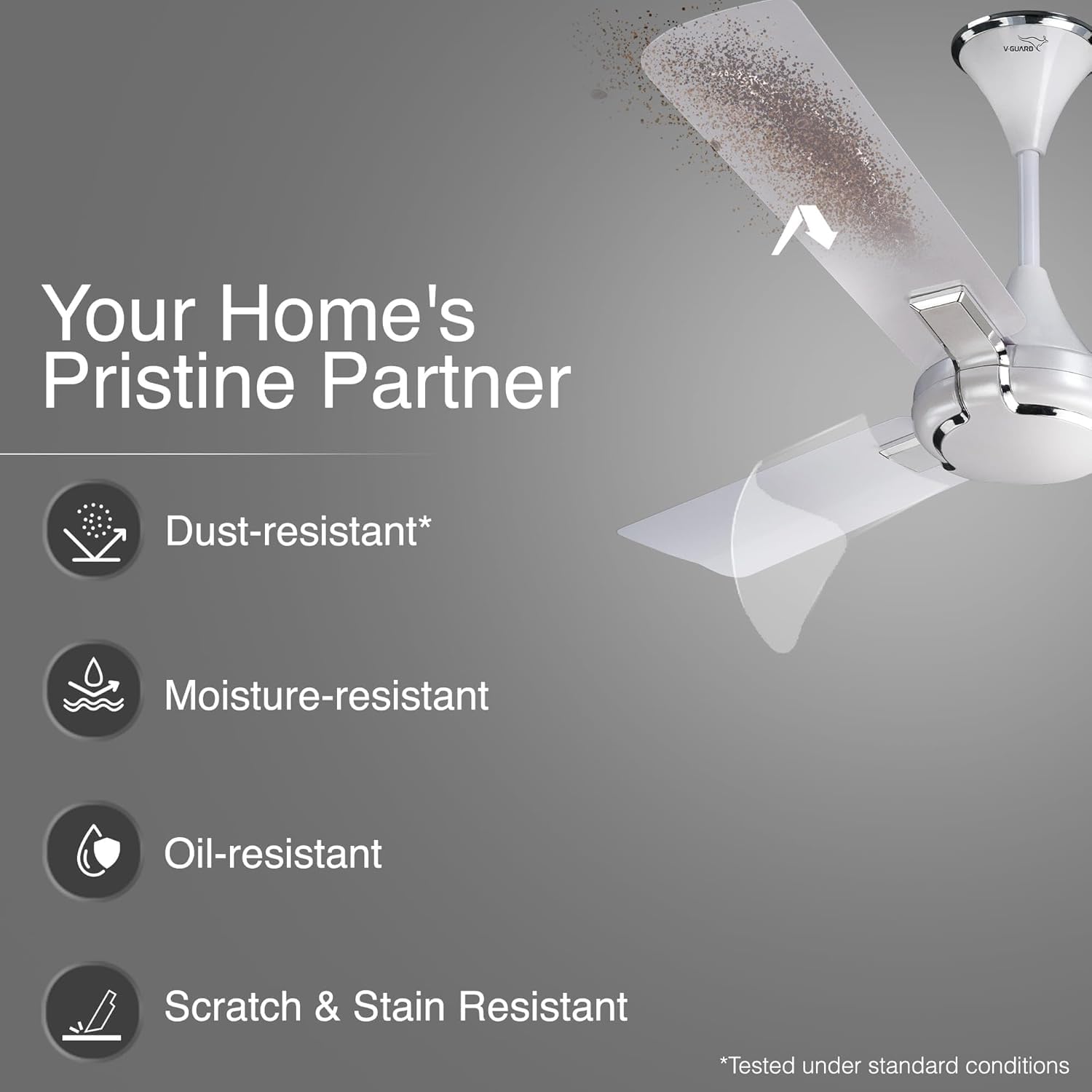 V-Guard 1200MM Ceiling Fan with 400RPM, 3 Year Warranty, Silent Operation and Dust Repellant Technology, Glado Prime VX-Pearl White Silver - Image 2