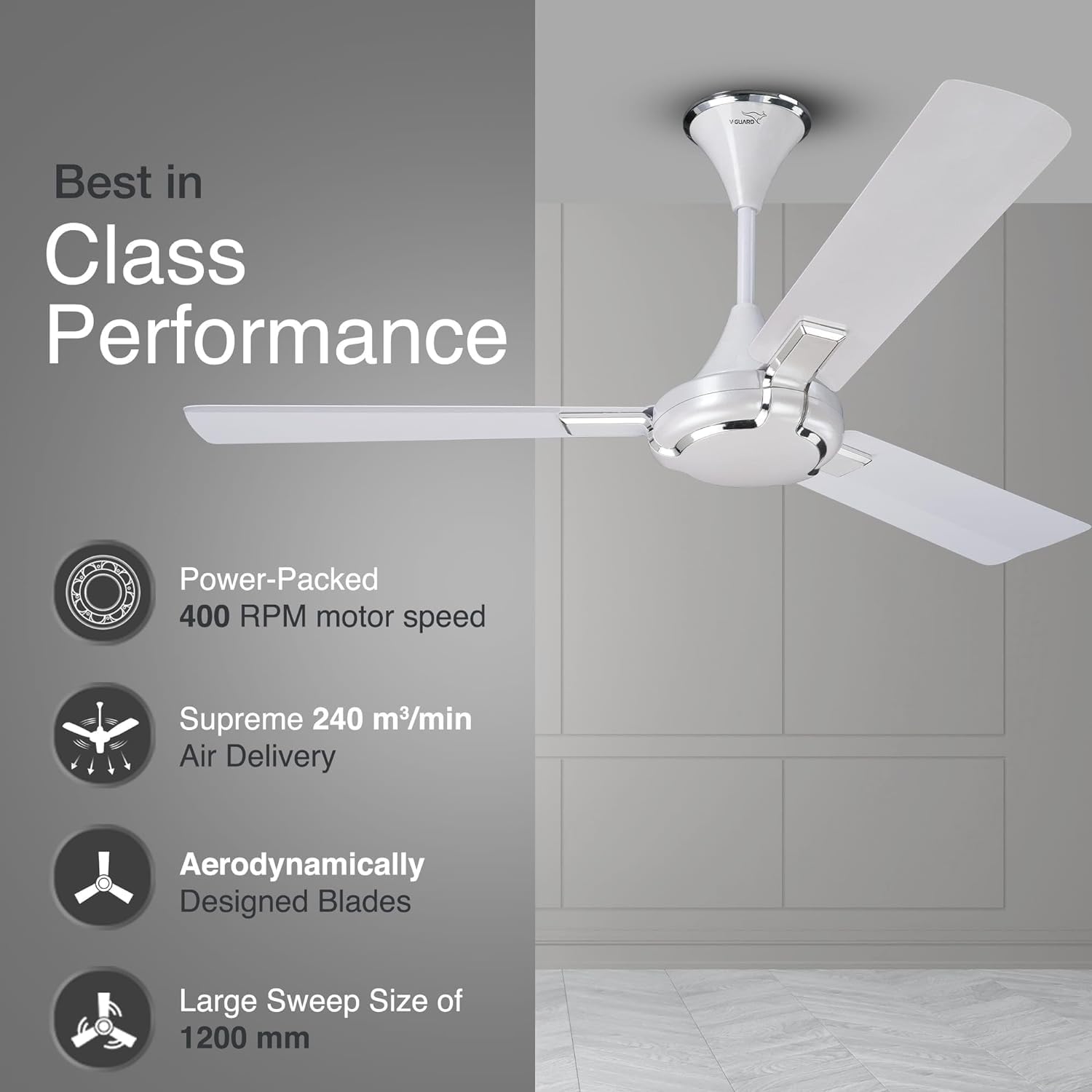 V-Guard 1200MM Ceiling Fan with 400RPM, 3 Year Warranty, Silent Operation and Dust Repellant Technology, Glado Prime VX-Pearl White Silver - Image 3
