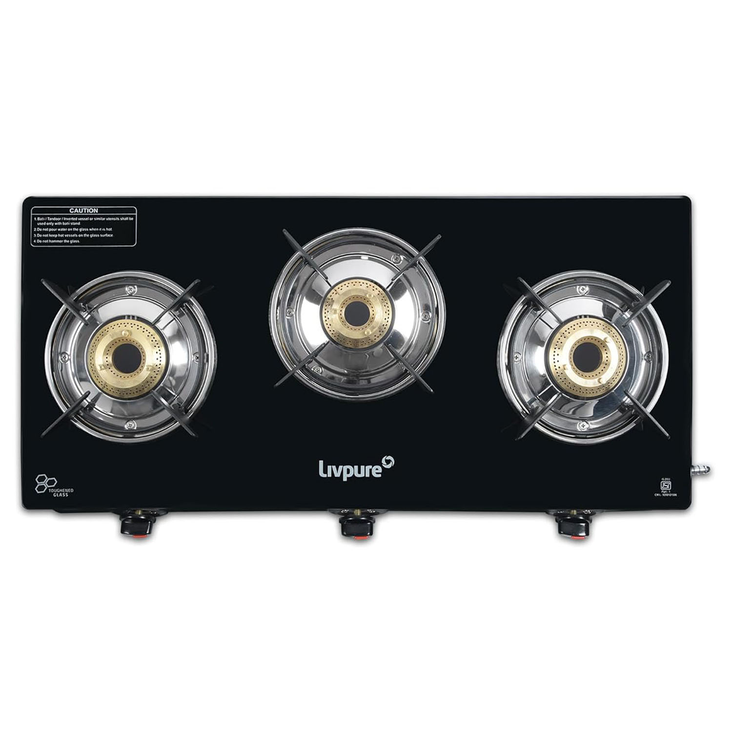 Livpure, Burner Manual Ignition Cook-top with Pan Support, Heat Guard, Elegant Brass Burners &amp; Valve, Black, Luna-Luna 3B-3 Brass Burner - Image 1