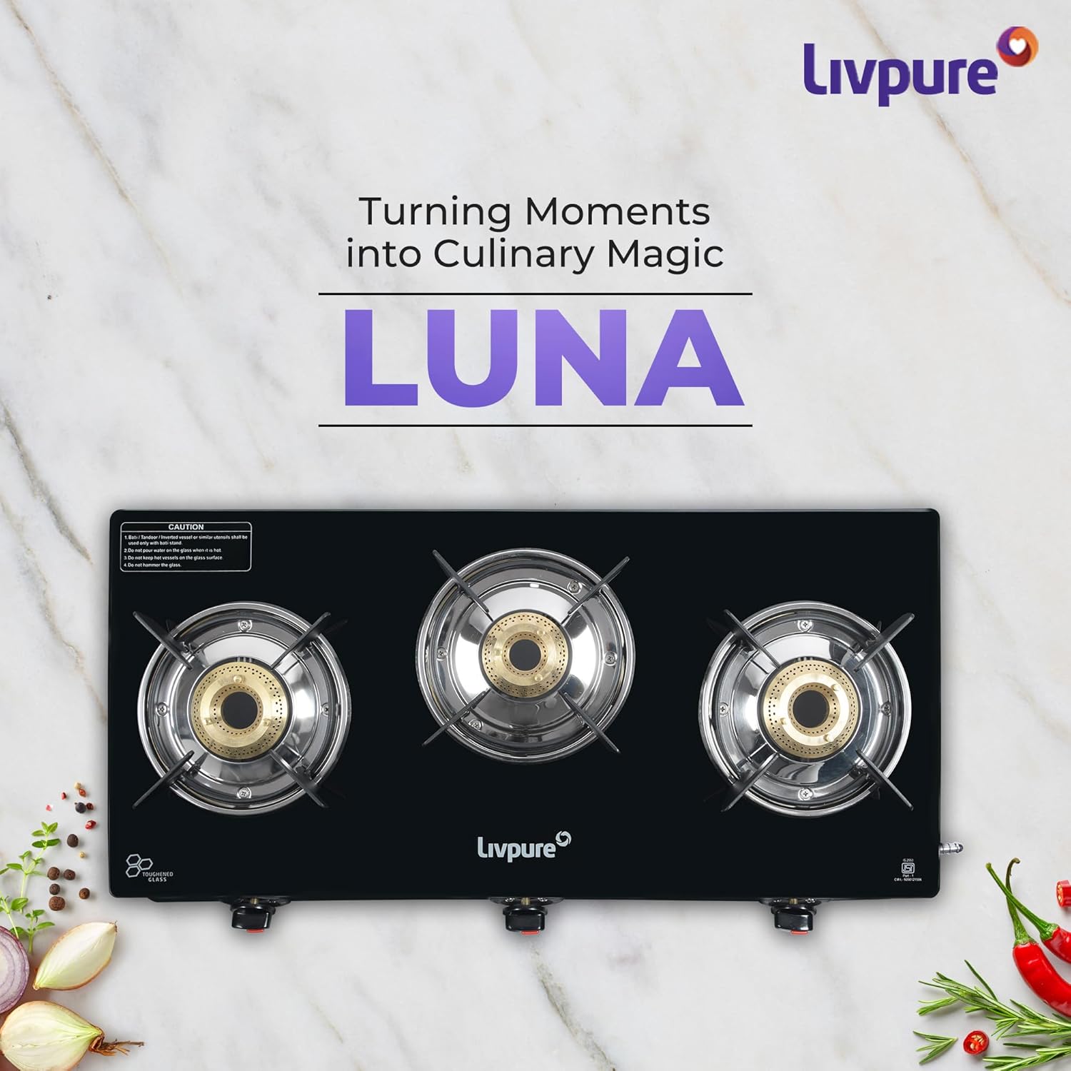 Livpure, Burner Manual Ignition Cook-top with Pan Support, Heat Guard, Elegant Brass Burners &amp; Valve, Black, Luna-Luna 3B-3 Brass Burner - Image 7
