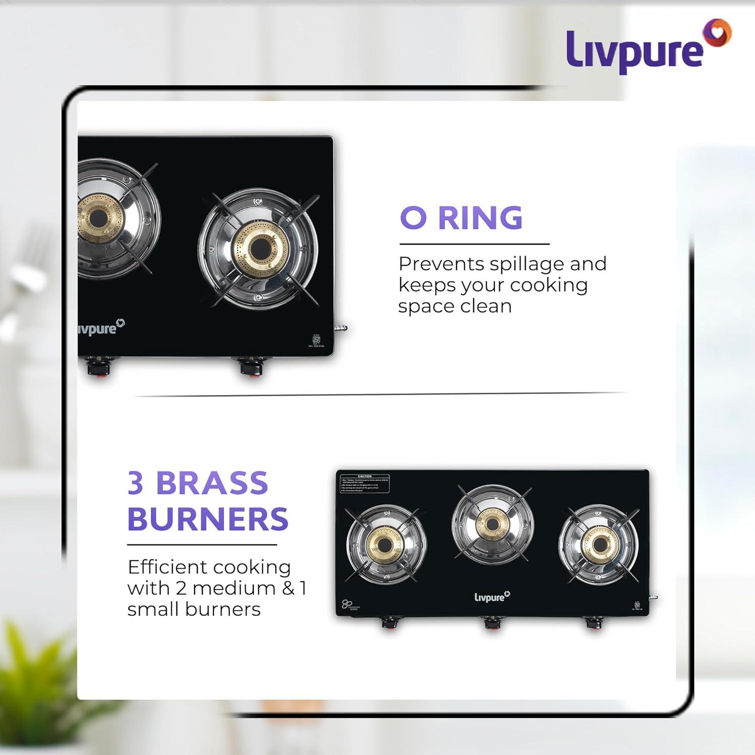 Livpure, Burner Manual Ignition Cook-top with Pan Support, Heat Guard, Elegant Brass Burners &amp; Valve, Black, Luna-Luna 3B-3 Brass Burner - Image 8