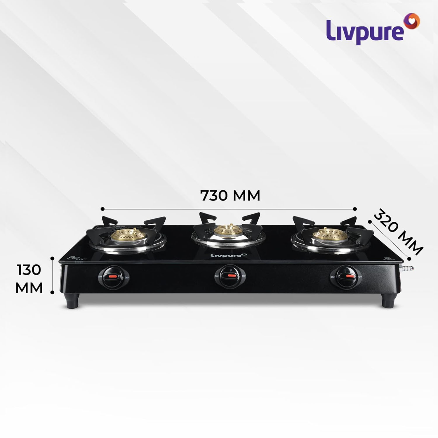 Livpure, Burner Manual Ignition Cook-top with Pan Support, Heat Guard, Elegant Brass Burners &amp; Valve, Black, Luna-Luna 3B-3 Brass Burner - Image 2
