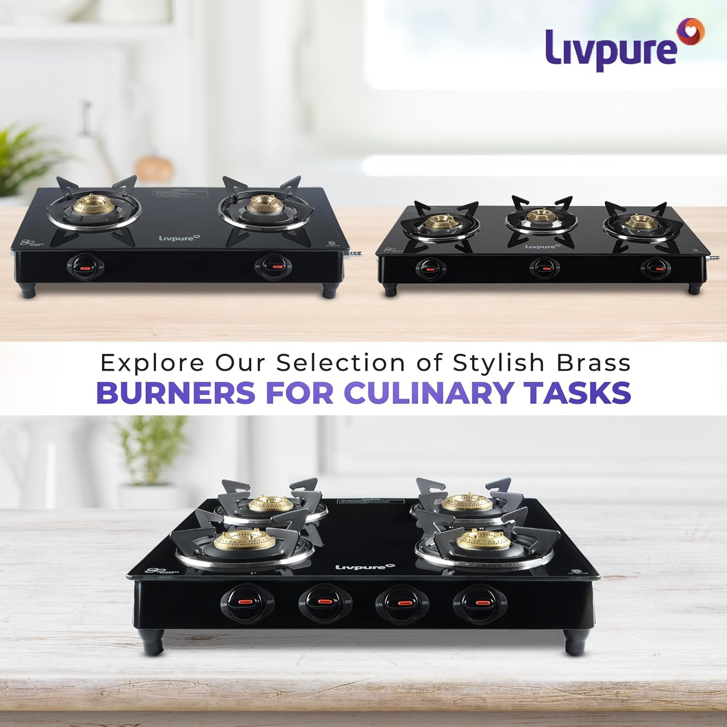 Livpure, Burner Manual Ignition Cook-top with Pan Support, Heat Guard, Elegant Brass Burners &amp; Valve, Black, Luna-Luna 3B-3 Brass Burner - Image 6