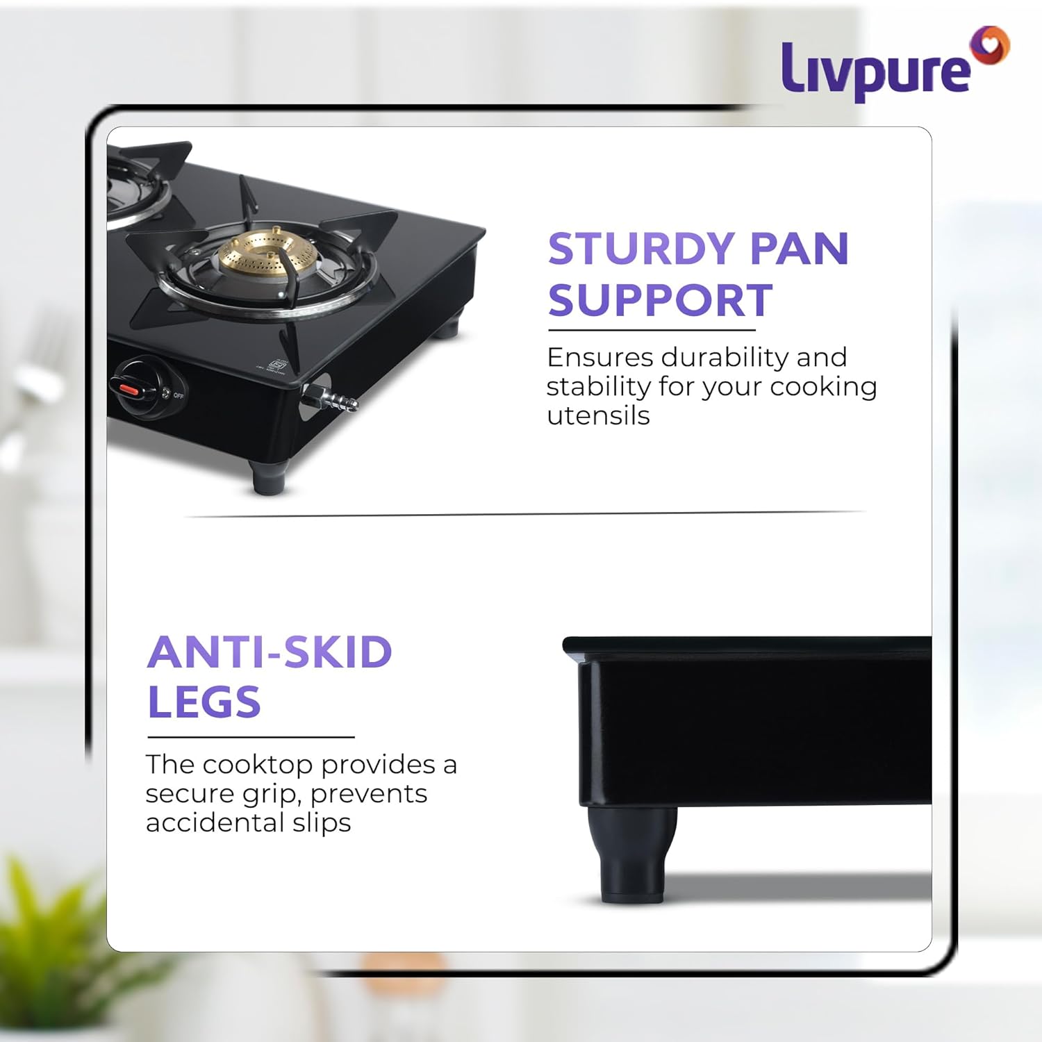 Livpure, Burner Manual Ignition Cook-top with Pan Support, Heat Guard, Elegant Brass Burners &amp; Valve, Black, Luna-Luna 3B-3 Brass Burner - Image 5