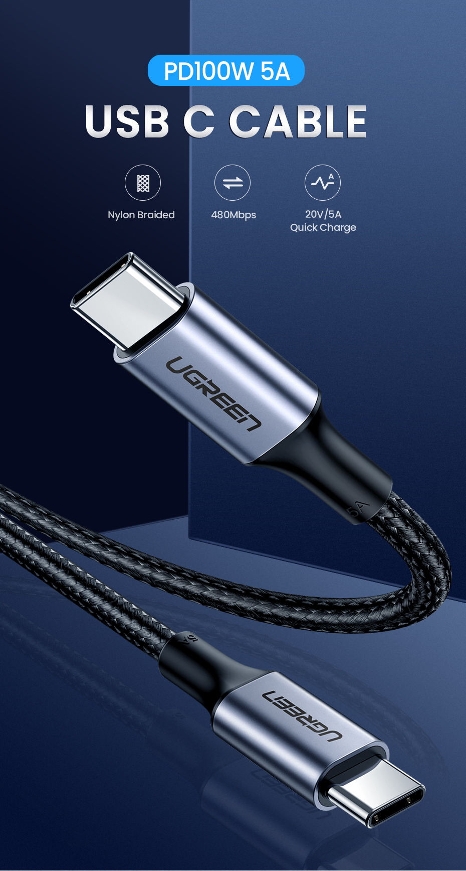 UGREEN 3M USB C to USB C Cable 100W Fast Charge USB C 2.0 5A PD Nylon Braided Compatible for MacBook Pro 2021 iPad Pro Samsung Galaxy S21 S20 Note 20 Dell XPS Pixel (90120) - Image 14