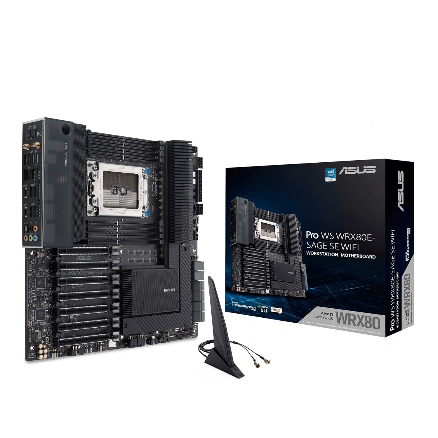 ASUS Pro WS WRX80E-SAGE SE WIFI AMD Threadripper Pro EATX workstation motherboard (PCIe 4.0, ASMB9-iKVM, 2x10Gb LAN, 7xPCIe 4.0 X16 slots, 3xM.2,2xU.2 ports, 11 USB 3.2 Gen 2 ports,8-channel DDR4 ECC) - Image 1