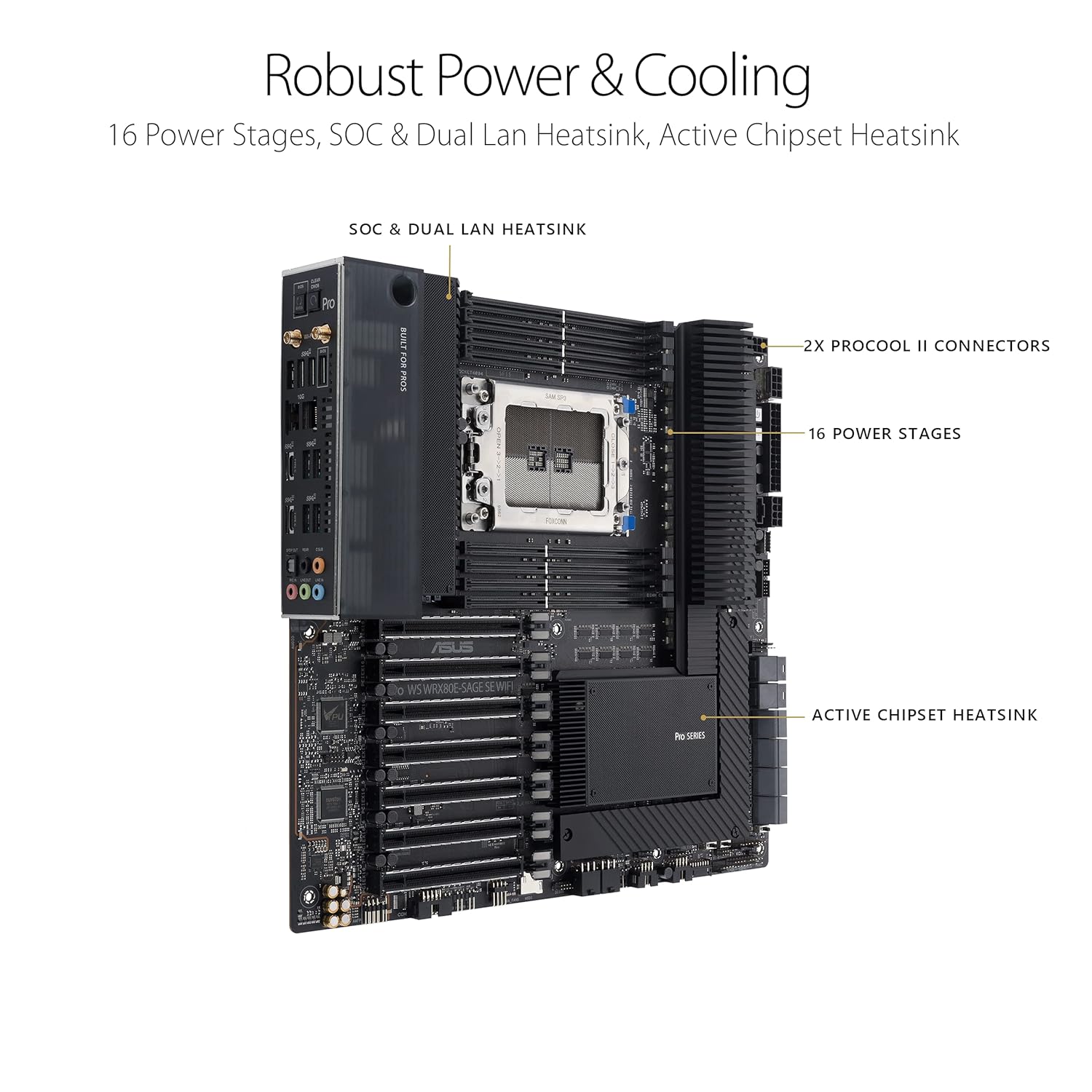 ASUS Pro WS WRX80E-SAGE SE WIFI AMD Threadripper Pro EATX workstation motherboard (PCIe 4.0, ASMB9-iKVM, 2x10Gb LAN, 7xPCIe 4.0 X16 slots, 3xM.2,2xU.2 ports, 11 USB 3.2 Gen 2 ports,8-channel DDR4 ECC) - Image 3