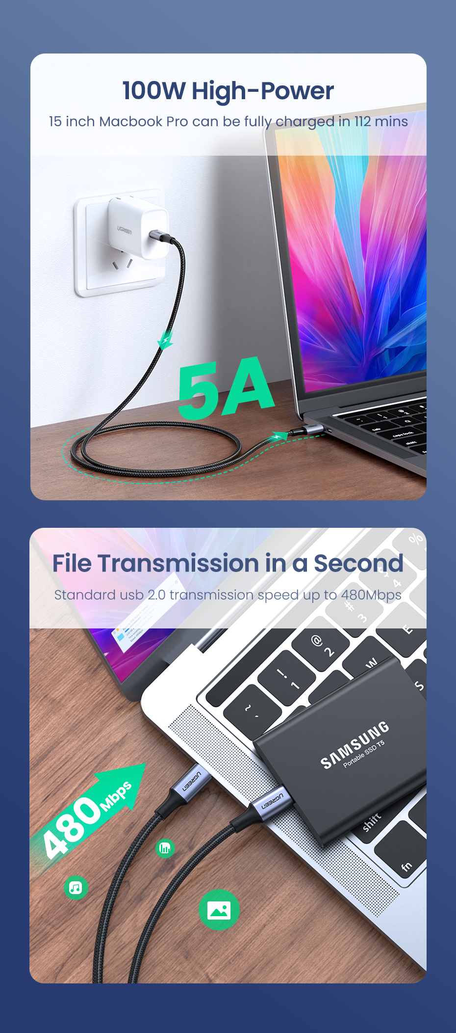 UGREEN 3M USB C to USB C Cable 100W Fast Charge USB C 2.0 5A PD Nylon Braided Compatible for MacBook Pro 2021 iPad Pro Samsung Galaxy S21 S20 Note 20 Dell XPS Pixel (90120) - Image 12