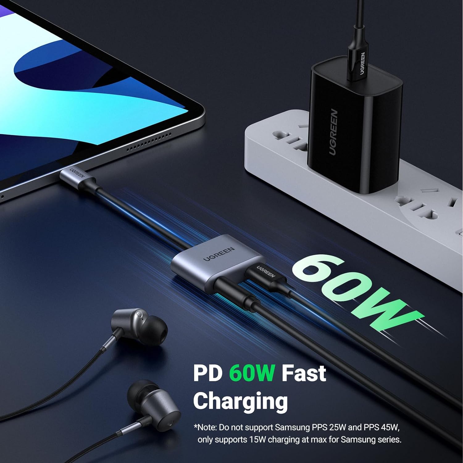 UGREEN USB C to 3.5mm Headphone and Charger Adapter 2 in 1 Type C to Aux Audio Jack with PD 3.0 60W Fast Charging Dongle Compatible with S25 Ultra iPad Pro Switch 2 (60164) - Image 4