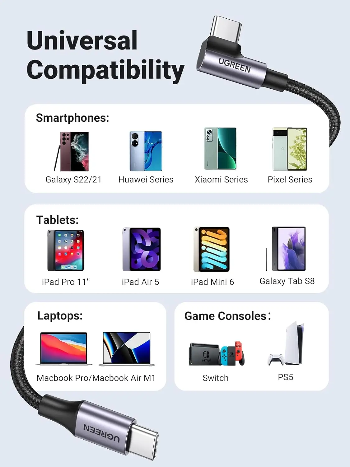 UGREEN 60W USB C to USB C Cable, Right Angle 90 Degree L Shape, PD Fast Charging Cord for iPhone 17 Pro Max/16, Google Pixel 10/9, Galaxy S25 Ultra/S24, MacBook Pro, iPad 2024, Switch, 0.5M (50123) - Image 2