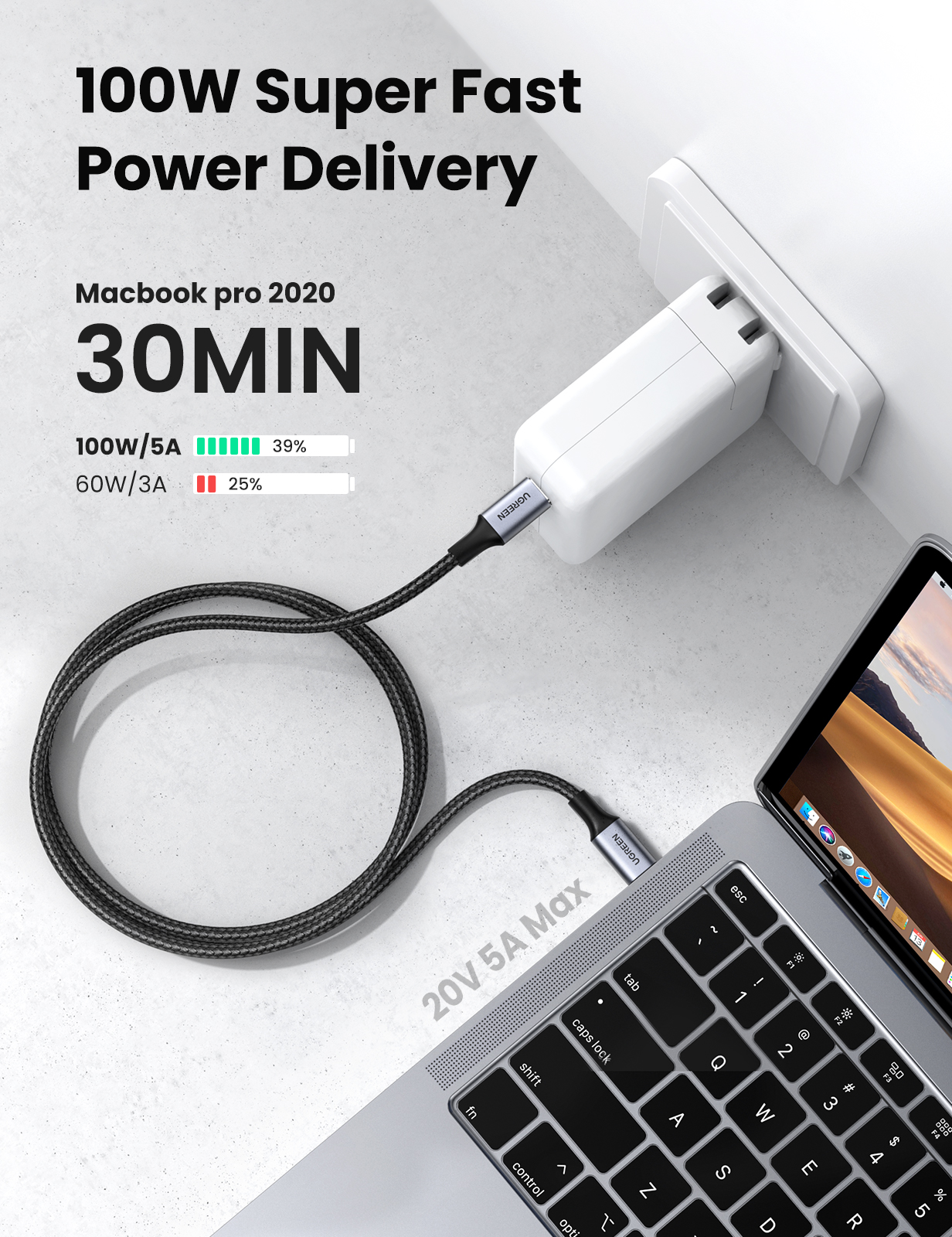 UGREEN 2M USB-C to USB-C Cable, 100W PD Charging Cord for Apple MacBook Pro, Huawei Matebook, iPad Pro 2018, Chromebook, Pixel 3 XL, Samsung Note 10 S10, Nintendo Switch (70429) - Image 9