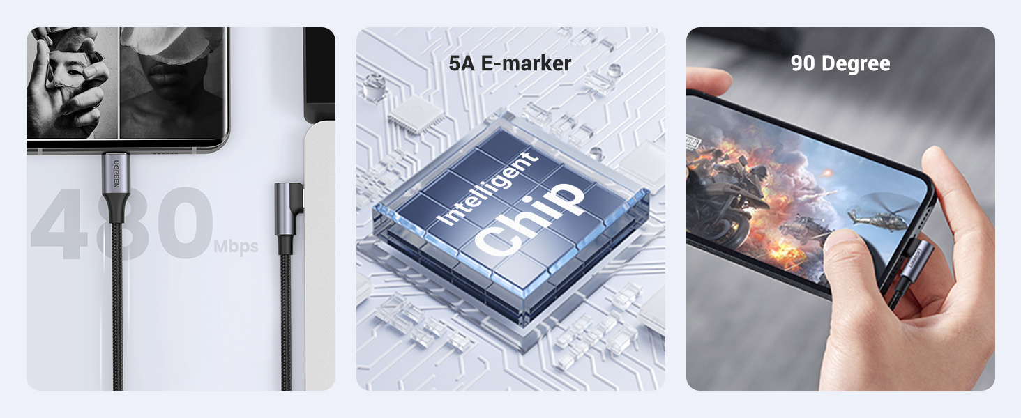 UGREEN 3FT/1M USB C to USB C Angled 2.0 M/M 100W Cable Fast Charging 5A Type C PD Nylon Braided Cord Compatible for MacBook Pro Air iPad Pro 2020 Chromebook Galaxy S21 S20 Note 20 Dell XPS Pixel (70643) - Image 2