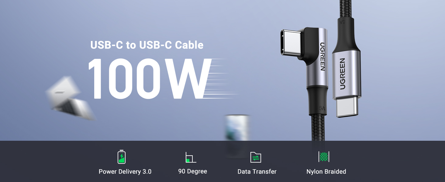 UGREEN 3FT/1M USB C to USB C Angled 2.0 M/M 100W Cable Fast Charging 5A Type C PD Nylon Braided Cord Compatible for MacBook Pro Air iPad Pro 2020 Chromebook Galaxy S21 S20 Note 20 Dell XPS Pixel (70643) - Image 9