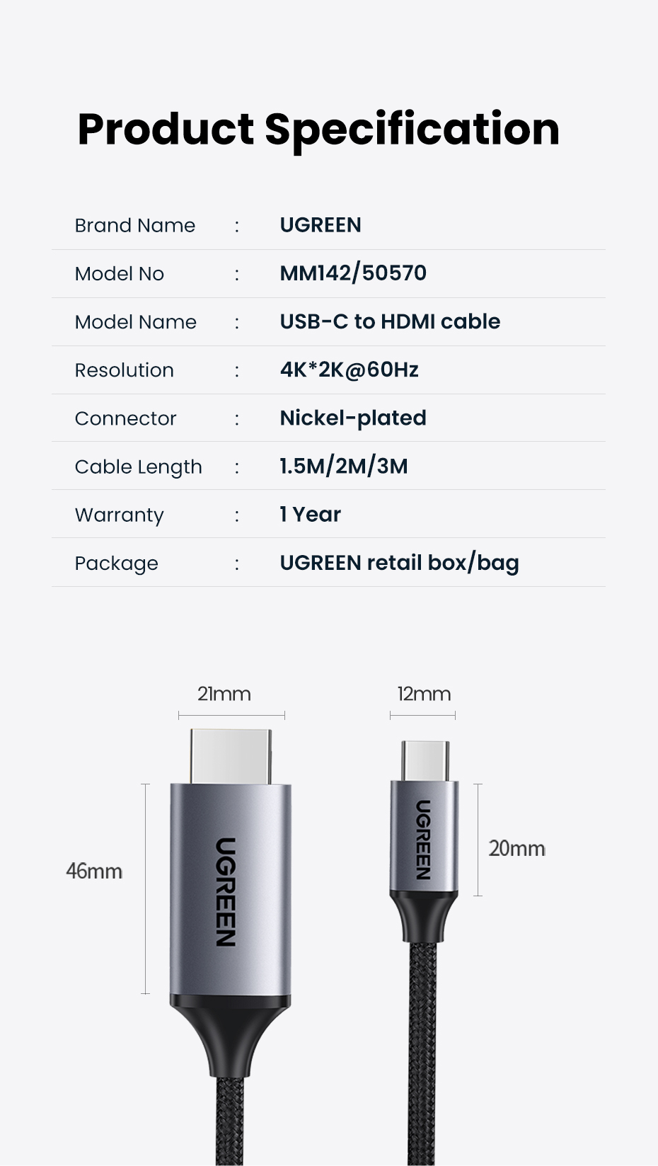 UGREEN 1.5M USB Type C Male to HDMI Male Cable, Aluminum Shell/Double Nylon Braided/Thunderbolt 3/4K@60Hz Support (50570) - Image 14